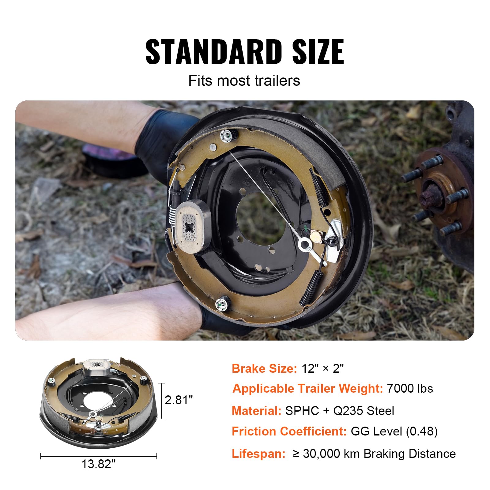 VEVOR Electric Trailer Brake Assembly Kit, 12" x 2", 7000 lbs Axle, Self-Adjusting, Grey, Model BF12-Z02A*4 (2 Right