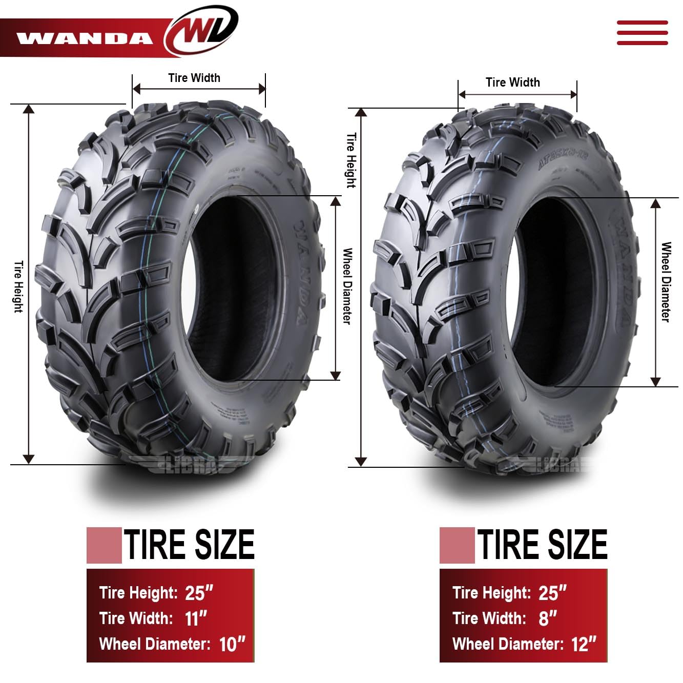Wanda Utv Atv Tires 25X8-12 Front & 25X11-10 Rear /6Pr P373 Lit Mud
