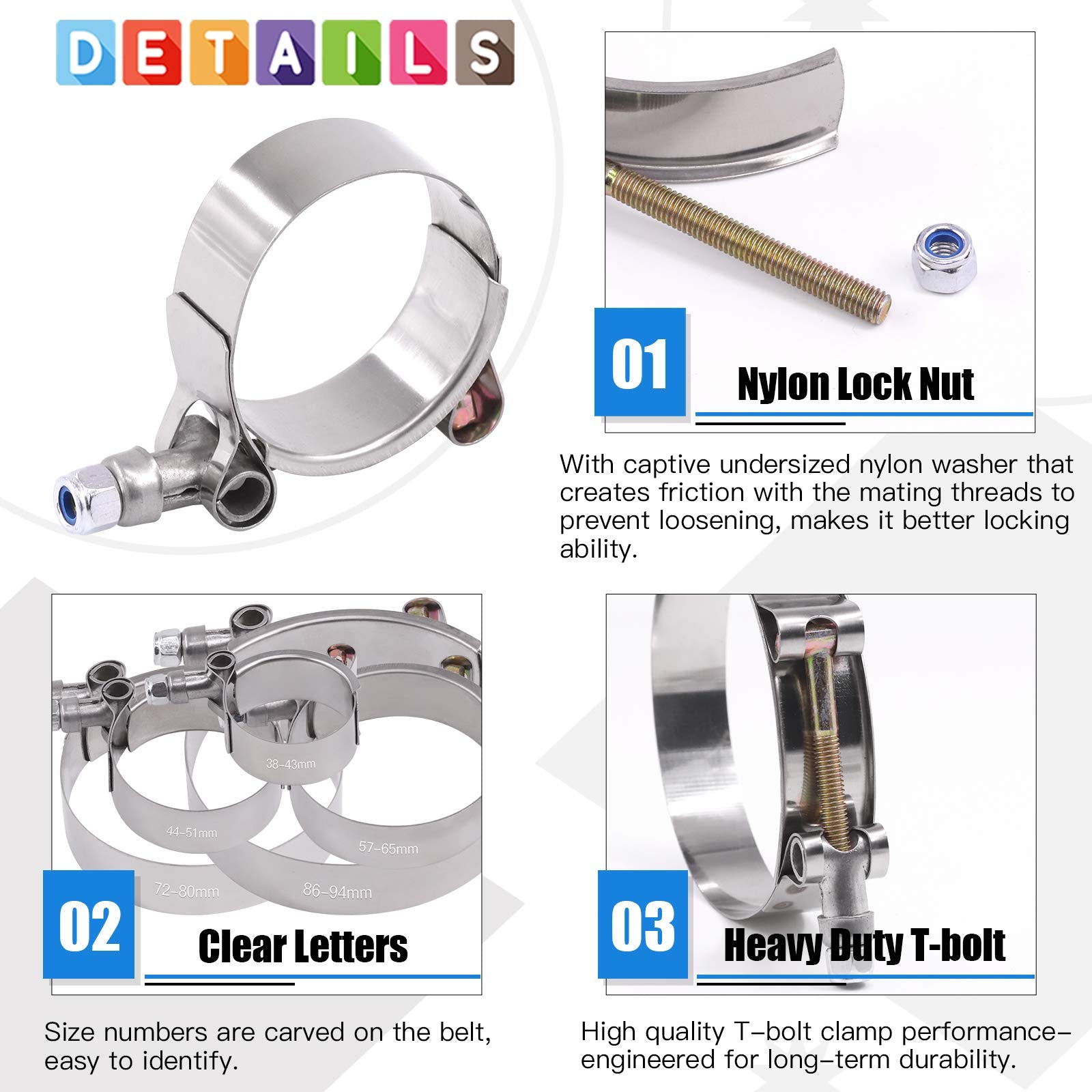 Glarks 12Pcs 44-51Mm Stainless Steel T-Bolt Hose Clamps Turbo Intake Soft Hose Intercooler Clamps
