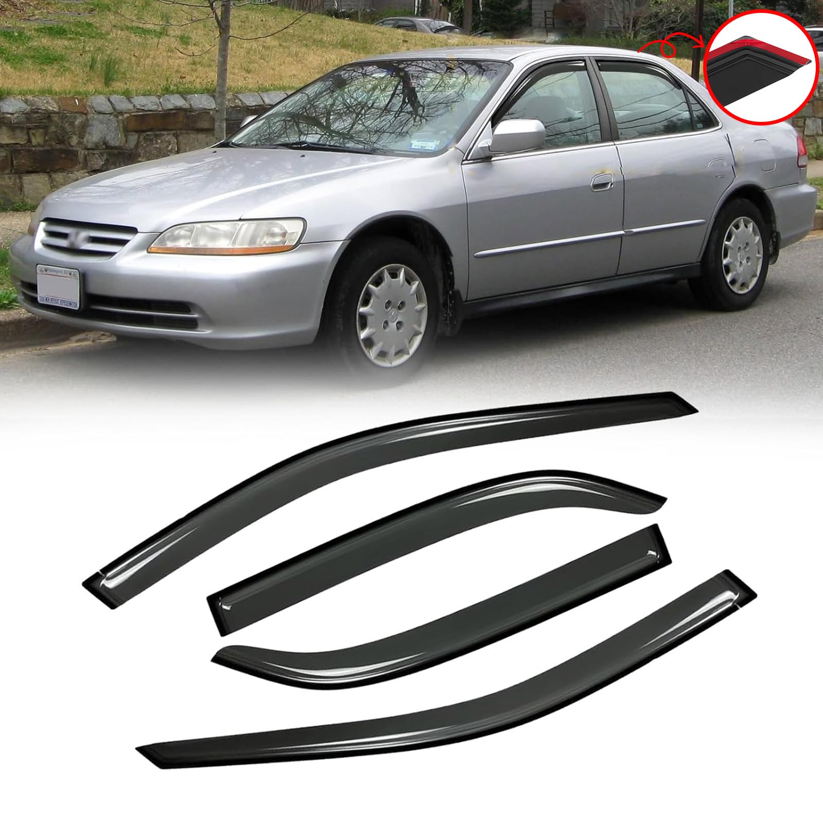 Window Visor For 1998-2002 Honda Accord, Out-Channel Rain Guards Shields Vent Shade Deflector Wind Dark Smoke Ventshade Ventviso