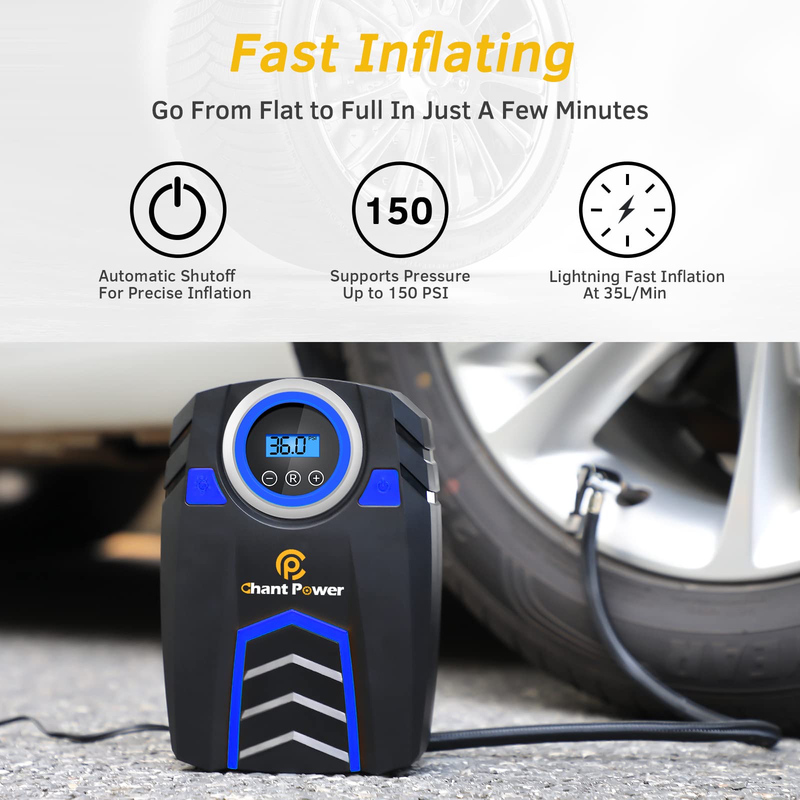 C P CHANTPOWER 12V DC Air Compressor Tire Inflator, 150PSI with Digital Gauge, Auto Shut Off, 2-Blue, Plastic