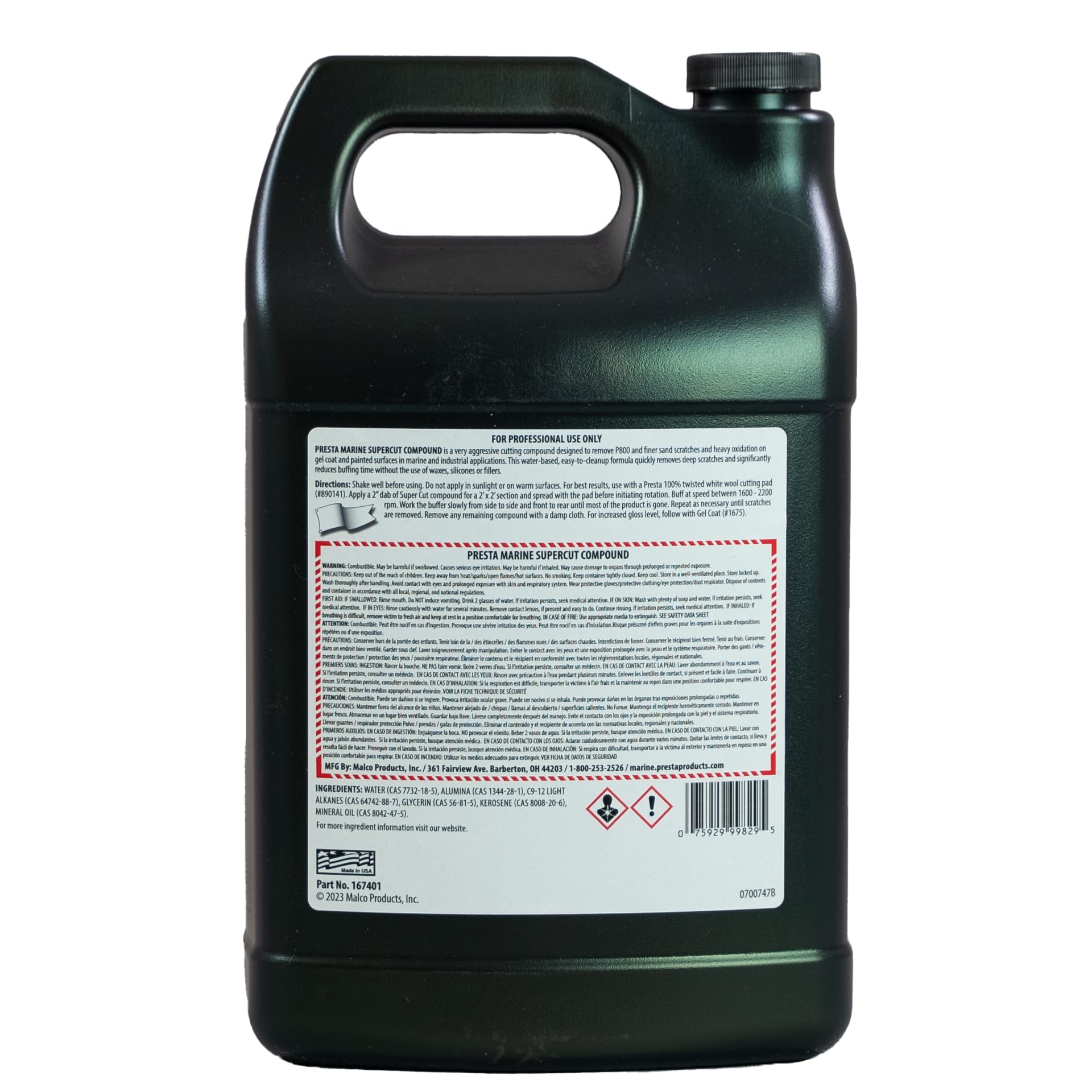 Presta SuperCut Compound - Water-Based, VOC Compliant, 1 Gallon, Removes P800 Grit Scratches, Heavy Oxidation, Black, Model 167401
