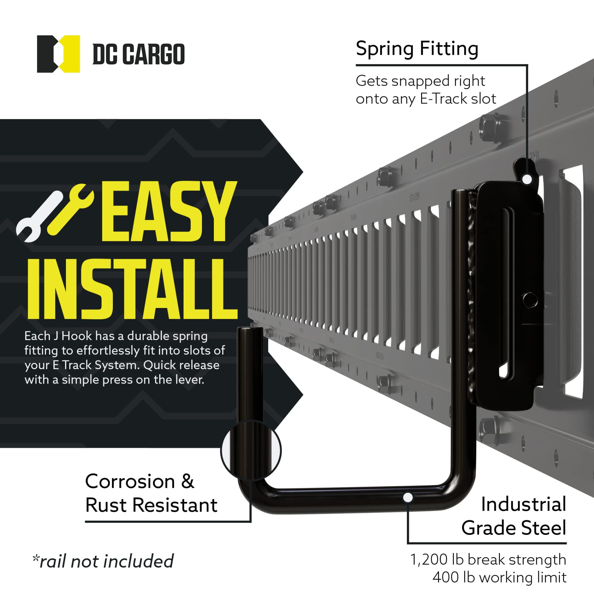 Dc Cargo - E Track J Hooks (2'' - 4 Pack) - Vertical E Track Accessories - Hanging Hooks For Your Etrack Rail System - Use In En