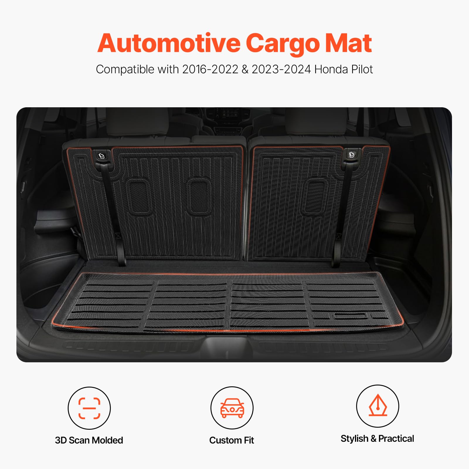 VEVOR Cargo Mats Compatible with 2016-2022 & 2023-2024 Honda Pilot, Custom Fit TPE Cargo Liner Set for SUVs, Trunk and Back Seat