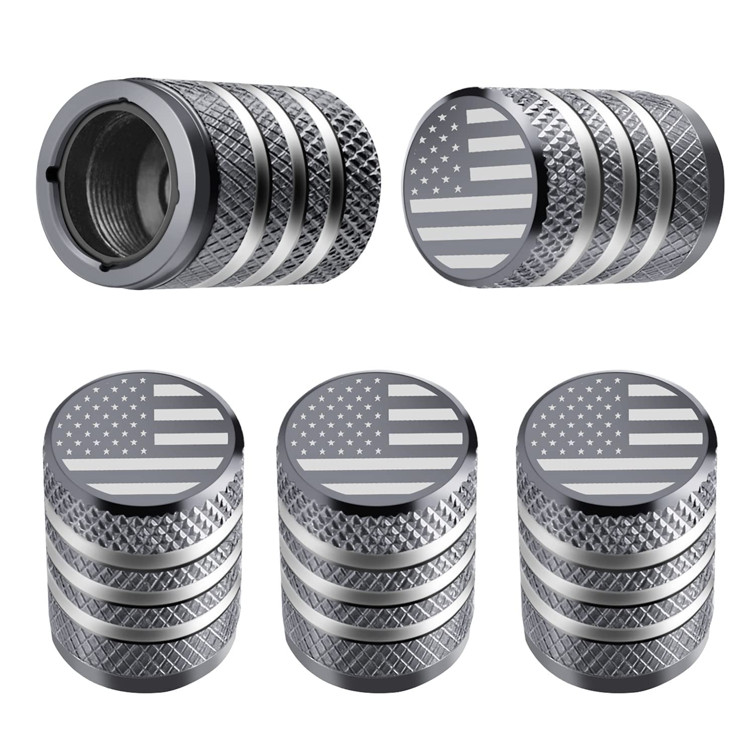 DECURCAR Tire Valve Stem Cap Cover - 5 Pack Metal with Plastic Liner, Corrosion Resistant, Leak-Proof, American Flag, Grey