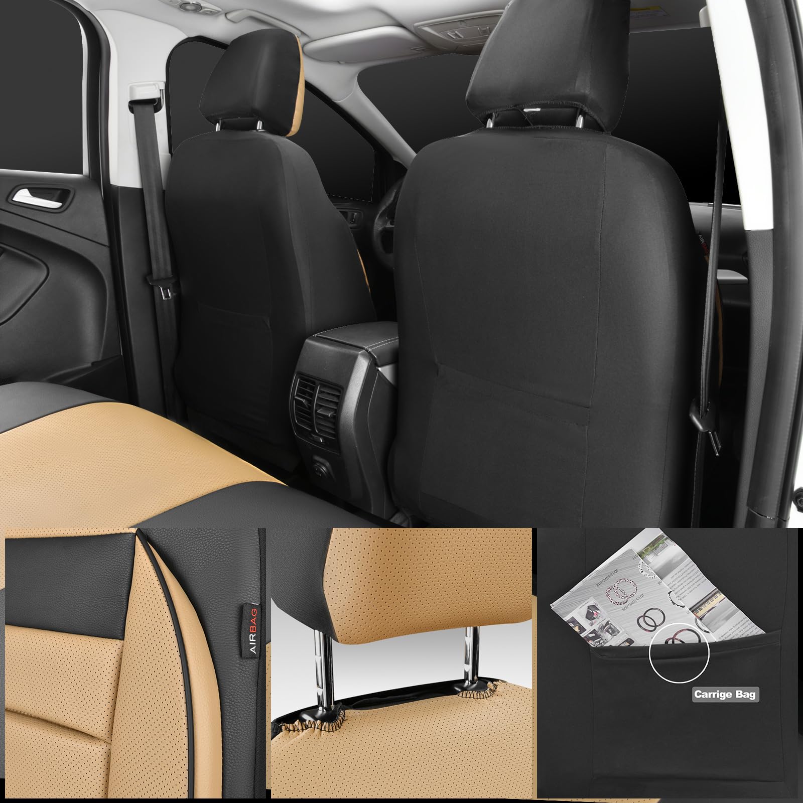 CAR PASS Leather Seat Covers Full Set Universal Water Resistant 3D Foam Back Support, Luxury Comfort Automotive 5 Seat Covers Al