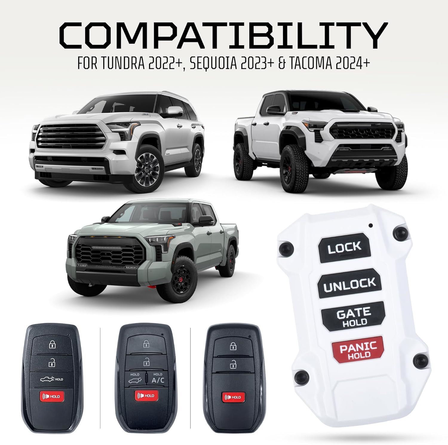 AJT DESIGN Key Fob for Toyota Tacoma, Tundra, 4Runner, Sequoia | Injection Molded ABS Plastic, White, Model 00634