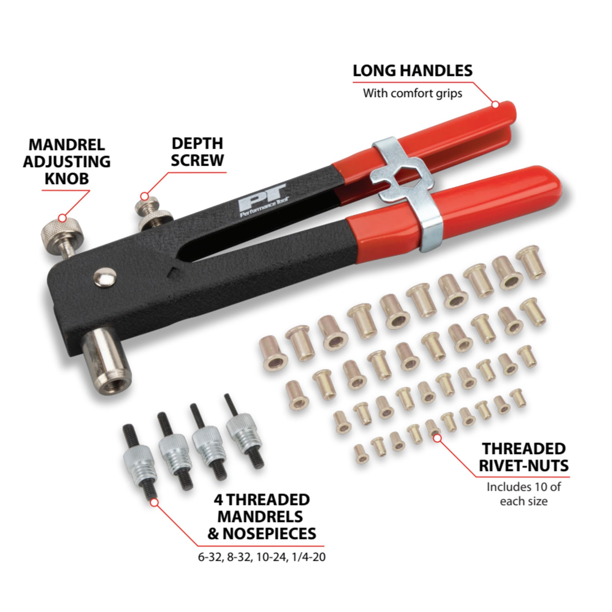 Performance Tool W2006 Sae Rivet Nut Kit Set, Riveter Tool, Rivet Nut Gun, Thread Hand Riveter, Rivet Gun, Riveting Tools With 4