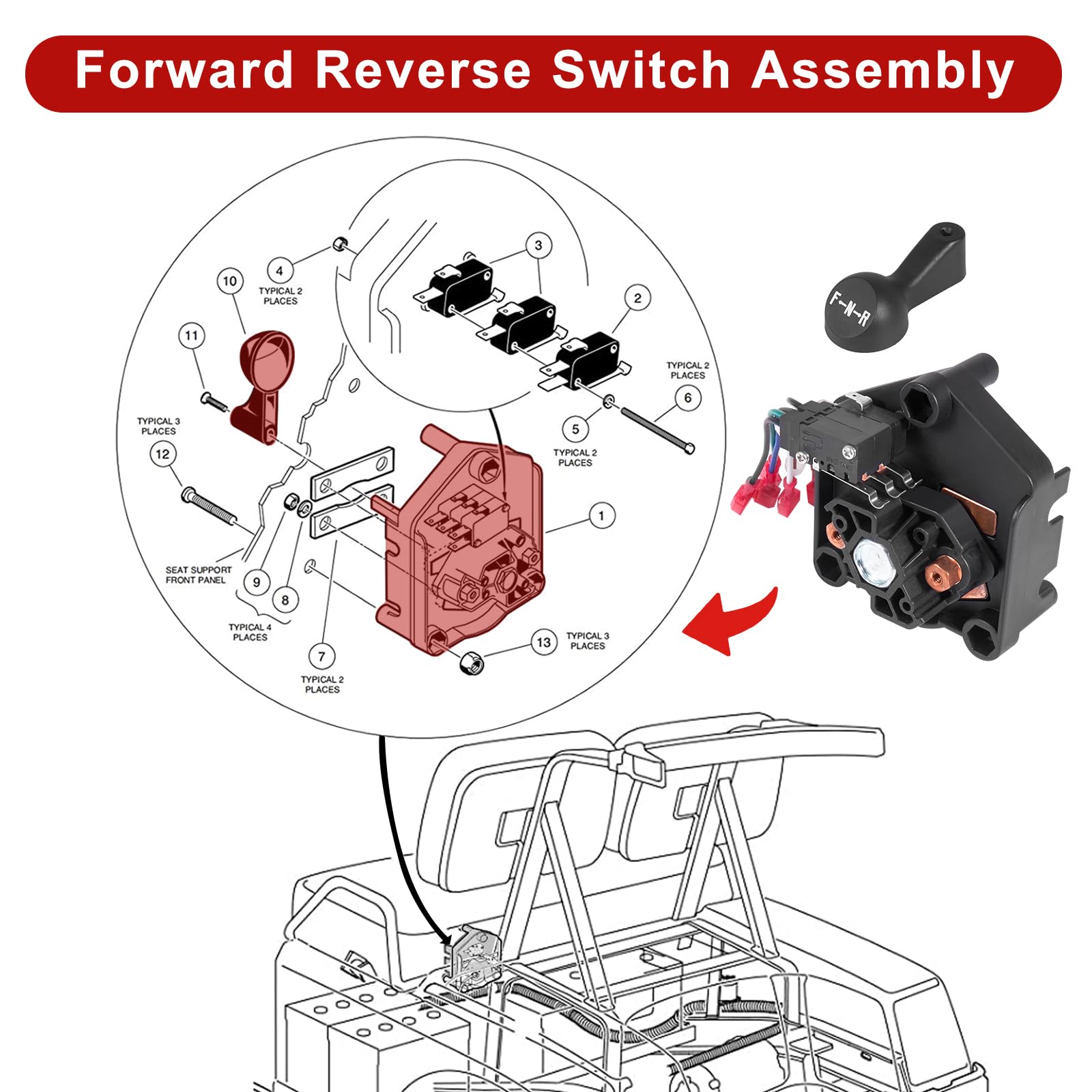 AUTOBABA Club Car DS 48 Volt Electric Golf Carts Forward Reverse Switch Assembly with Handle Micro Switch Compatible with Electr