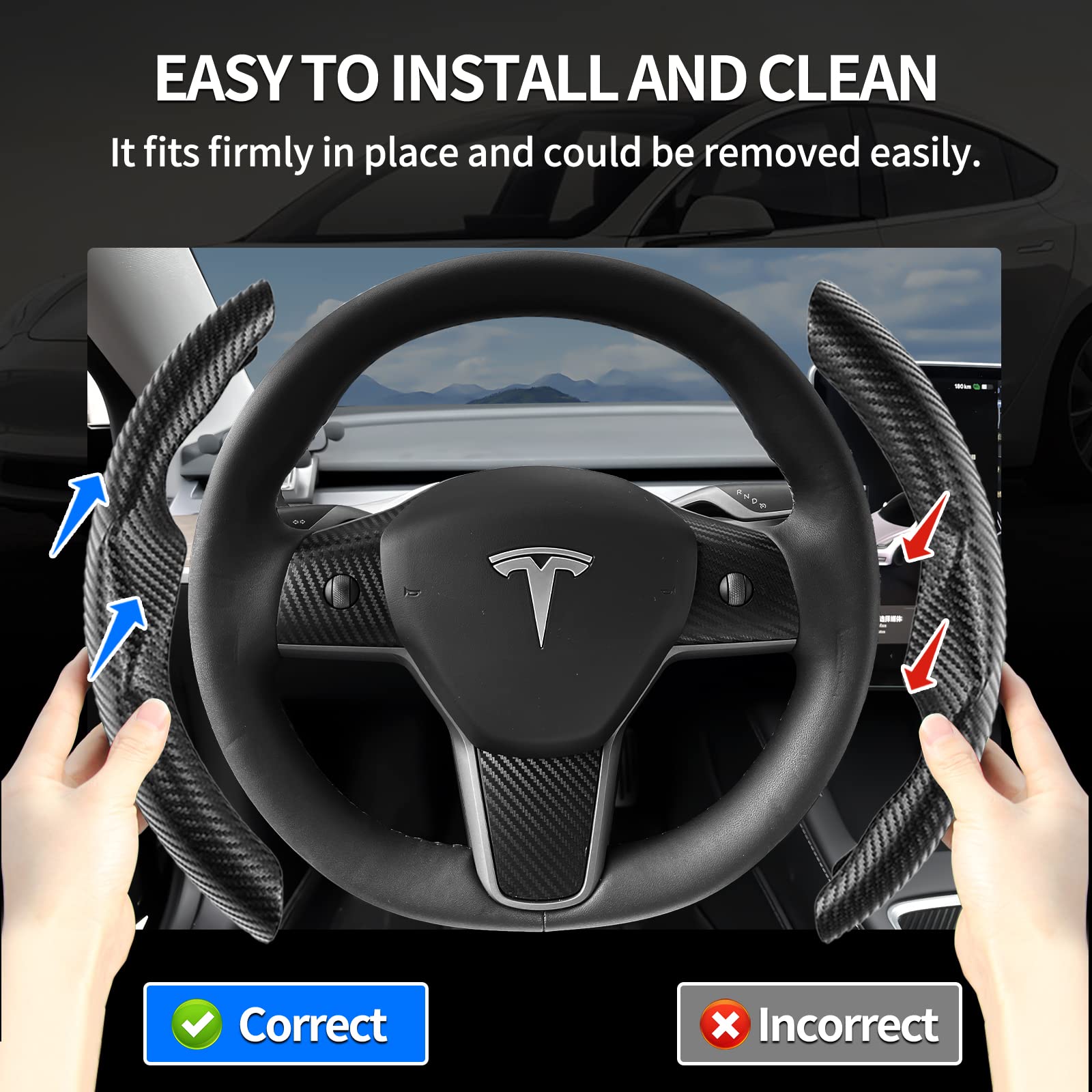 Uxcer Tesla Model 3/Y Steering Wheel Cover, Carbon Fiber Steering Wheel Wrap Stickers For Tesla Model 3 Model Y 2017-2021 2022 2