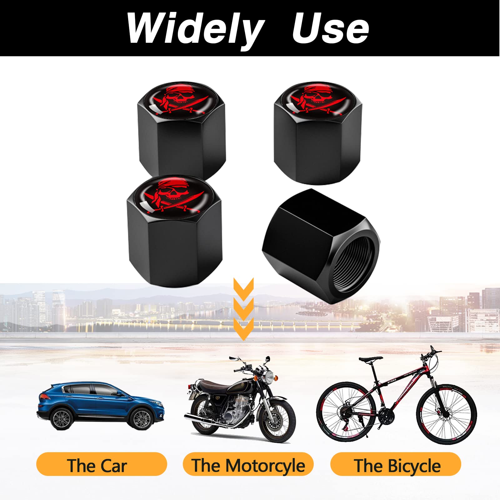 Ajxn Pack-4 Skull Car Wheel Tire Valve Stem Caps, Universal Car Tire Air Valve Caps, Dust-Proof Car Wheel Tire Valve Stem Caps Fits Most Vehicles Types, Wheel Accessories Parts (Red-Black)