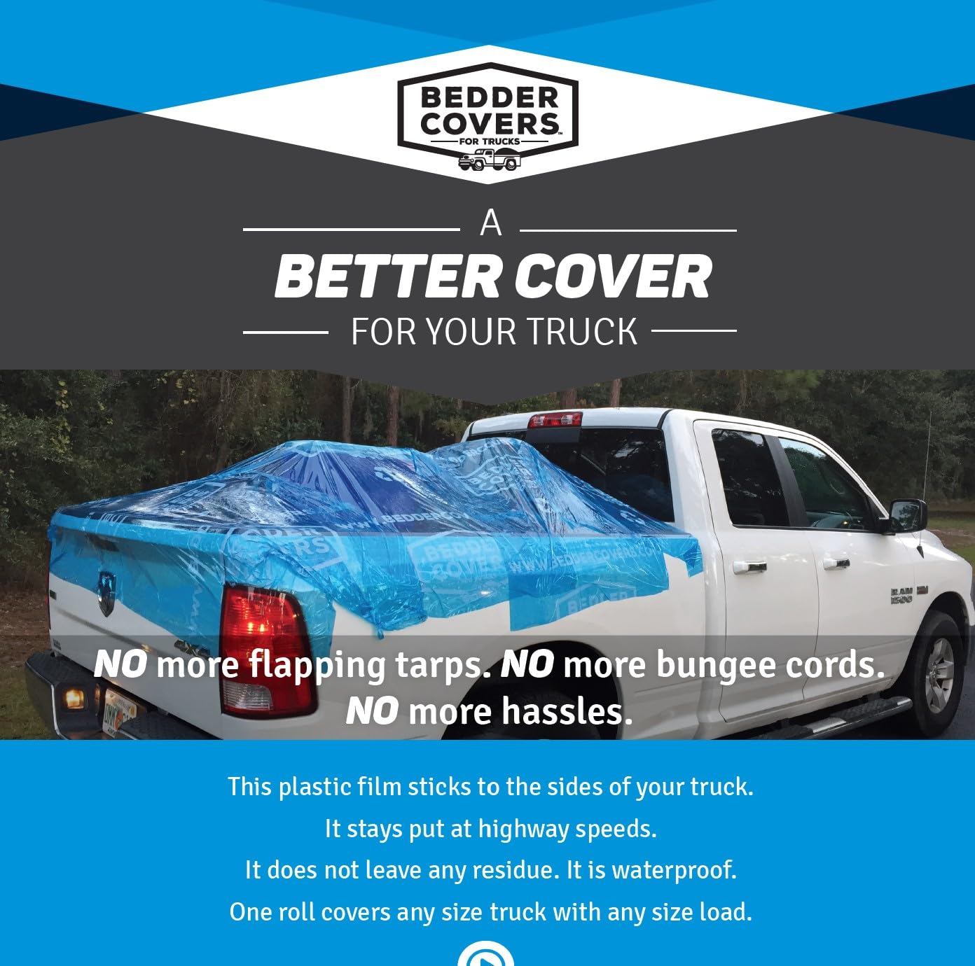 Bedder Covers Temporary Truck Bed Cover - Waterproof, Self-Adhesive, 3ft x 40ft, Blue, Regular Model
