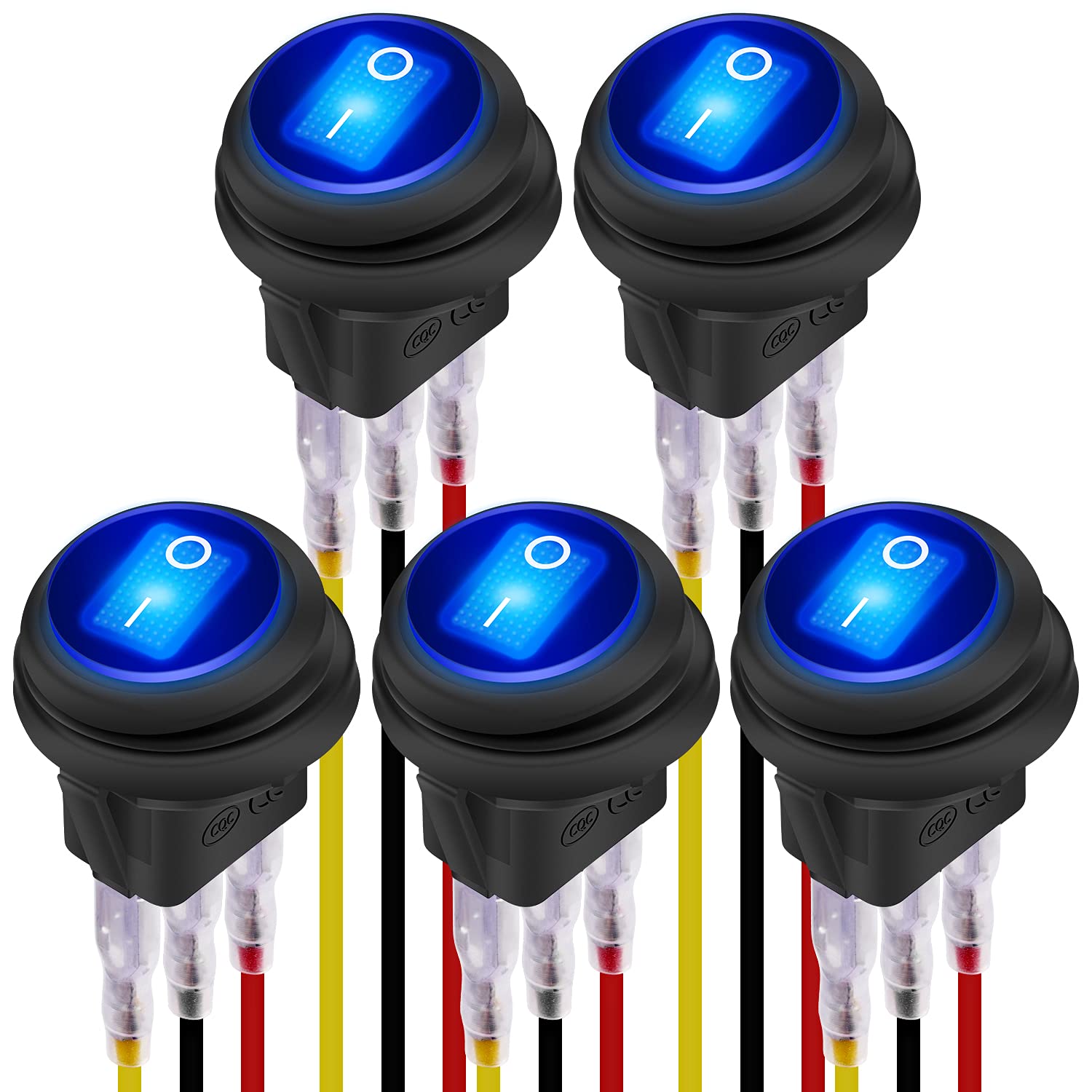 Daiertek 12V 20A Waterproof Rocker Switch Blue Led Lighted Round On Off 3 Pin 12 Volt Weatherproof Illuminated Toggle For Marine Car Rv Truck -5Pack