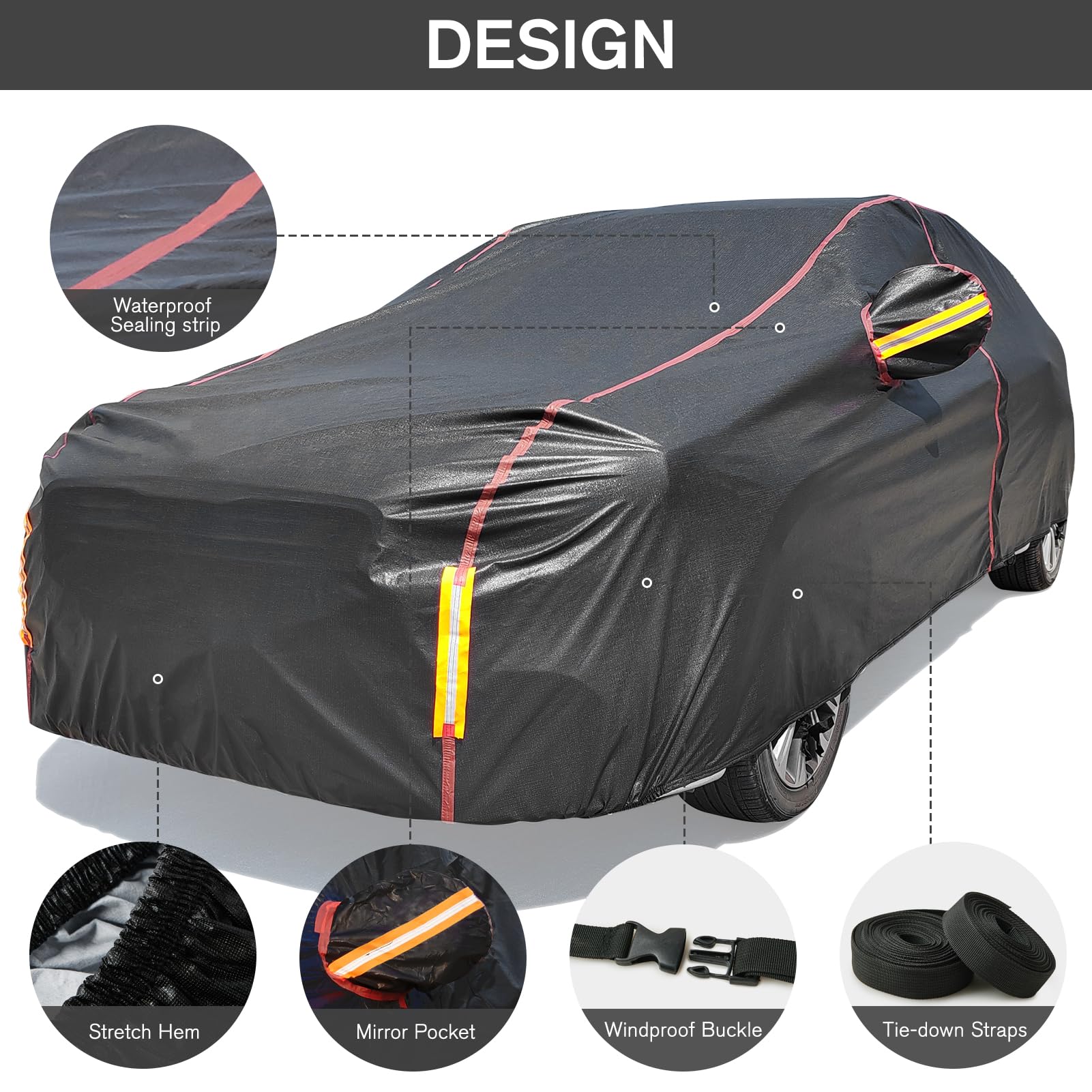 Car Cover Waterproof All Weather, 6 Layers Full Exterior Covers With Zipper Cotton, Mirror Pocket. Outdoor Car Cover Uv Snow Rai