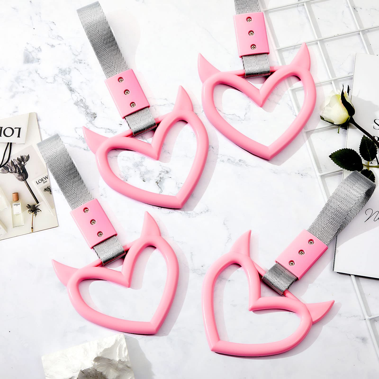 Fabbay 2 Pieces Heart Handle Keychains Car Accessory Heart Hand Strap Drift Charm For Car Interior Exterior Decoration(Pink,Devi