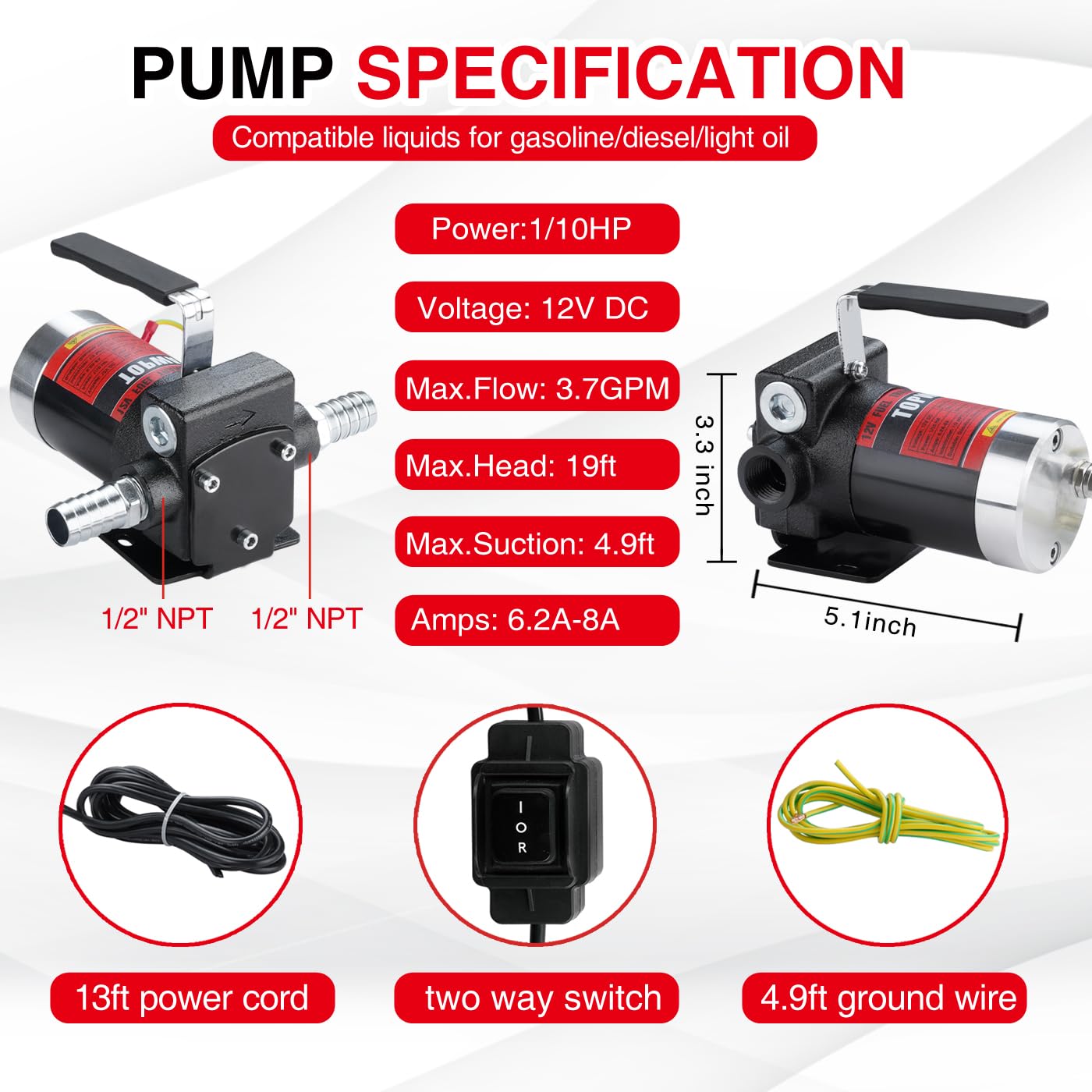 TOPWAY 12V DC Self-Priming Fuel Pump 3.7GPM, Reversible, Overheat Protection, Model TOP621, for Gasoline, Diesel, Kerosene Transfer