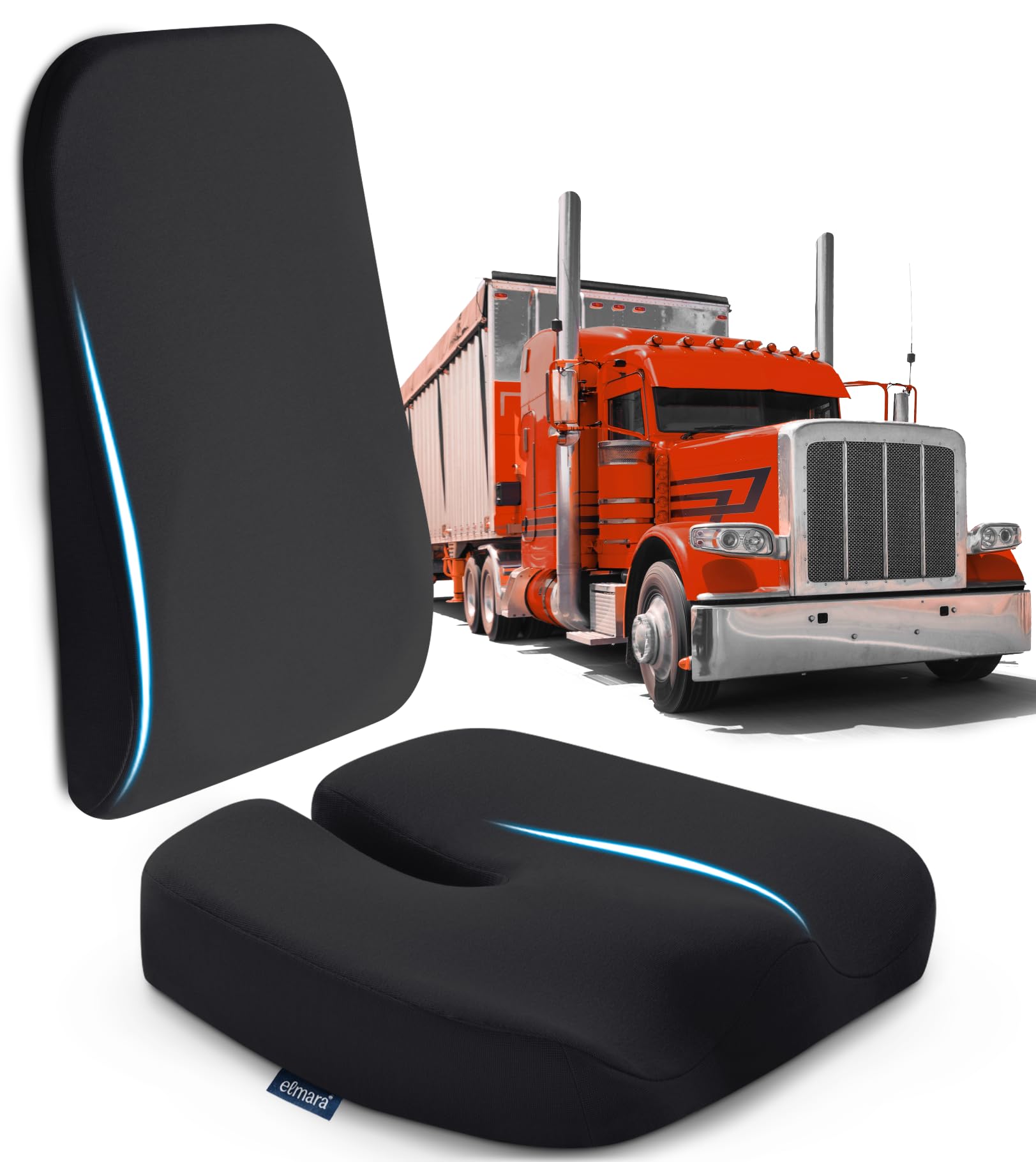 Elmara Doctor-Designed Semi-Truck Seat Cushion for Truck Driver – The Ultimate Comfort Solution for Long-Haul Drivers – Trucker Seat Cushion & Back Support – 2-Piece Ergonomic Set (Black) -Like New