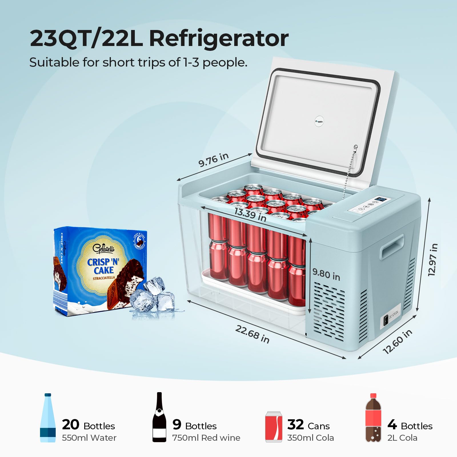 Bougerv Green 23Quart Portable Refrigerator, 12 Volt Fridge 22L, Portable Freezer Compressor Cooler 12/24V Dc 110~240 Volt Ac Fo