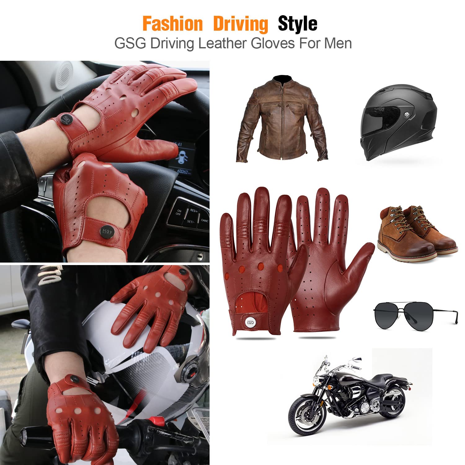GSG Men’s Burgundy Red Genuine Leather Unlined Biking Gloves, Touchscreen, Large Palm Hole
