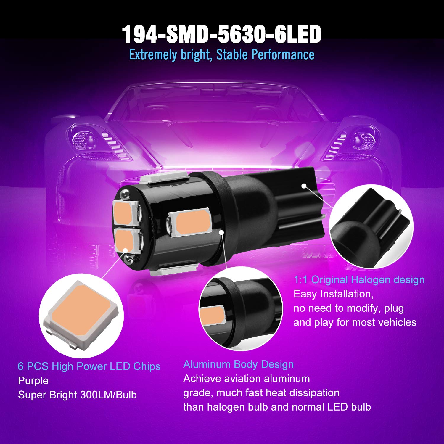 Brishine 194 Led Bulbs Extremely Bright Purple 5630 Chipsets 168 2825 175 T19 W5W Led Replacement Bulbs For Car Interior Dome Ma