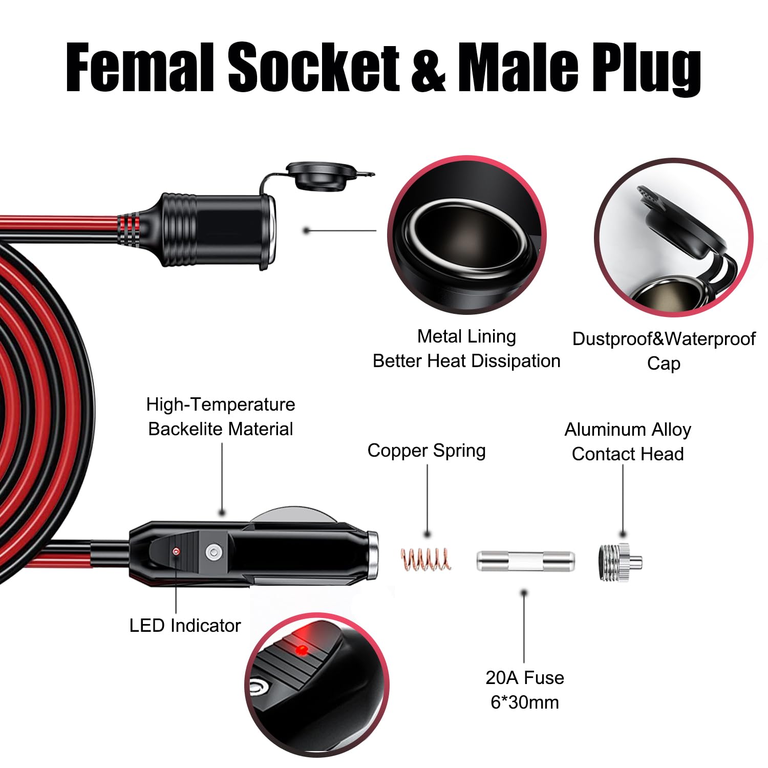 2Pcs 13Ft 12V/24V Heavy Duty Cigarette Lighter Extension Cable 16Awg, 156W/15A Male Plug To Female Socket Adapter Extension Cord