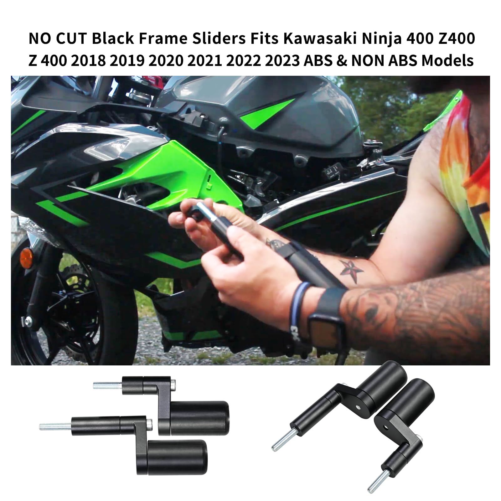 Vanshly NO CUT Black Frame Sliders Fits Kawasaki Ninja 400 Z400 Z 400 2018 2019 2020 2021 2022 2023 ABS & NON ABS Models 750-415
