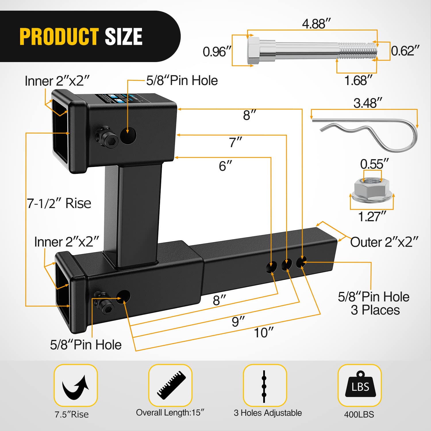 Nilight Dual Hitch Extender 2" Receiver, 10" Max Length, Alloy Steel, Model 92110B, 4,000 lbs GTW