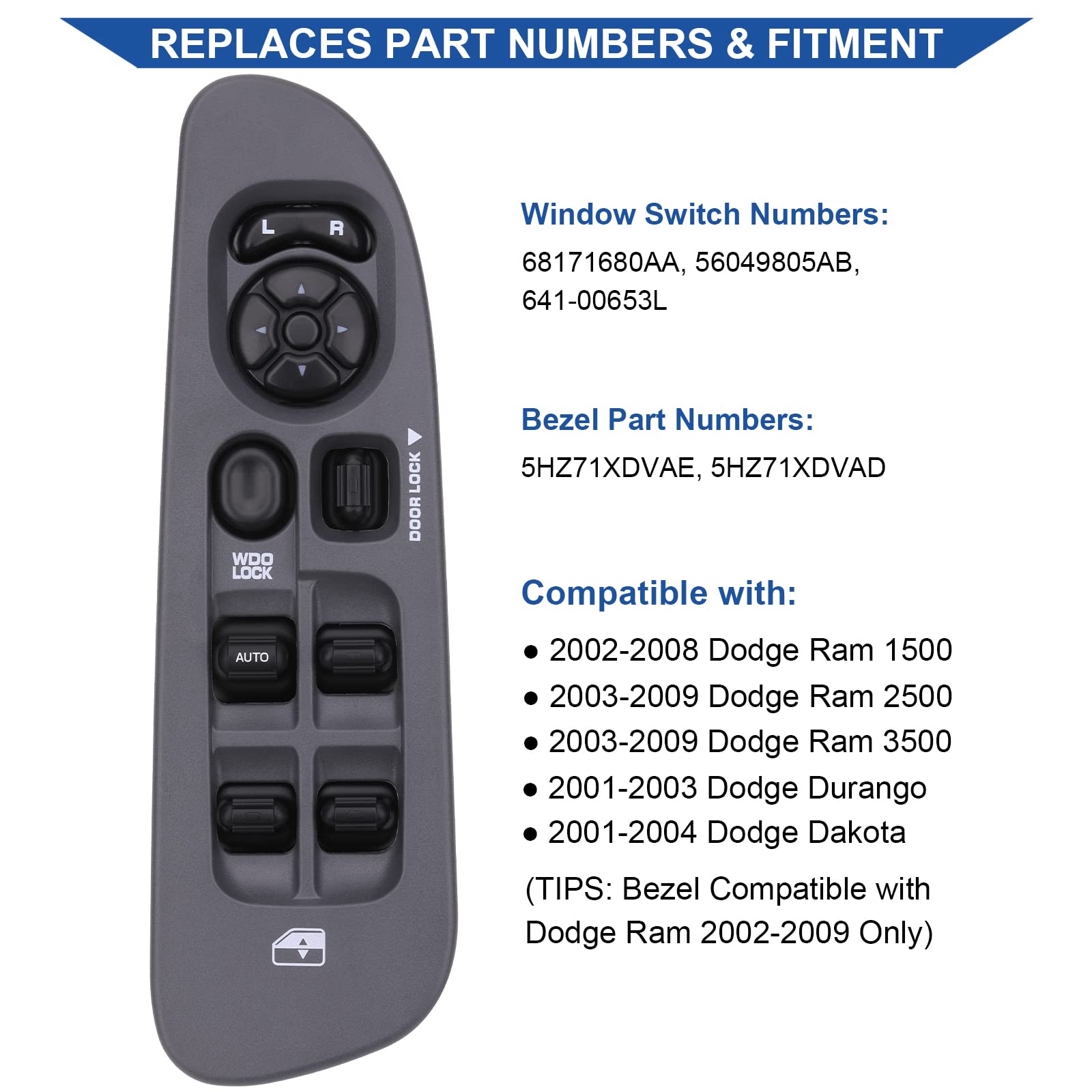Obaee Power Window Control Switch Button & Grey Bezel, Compatible With 2002-2009 Dodge Ram 1500 2500 3500, 2001-2004 Dodge Dakot