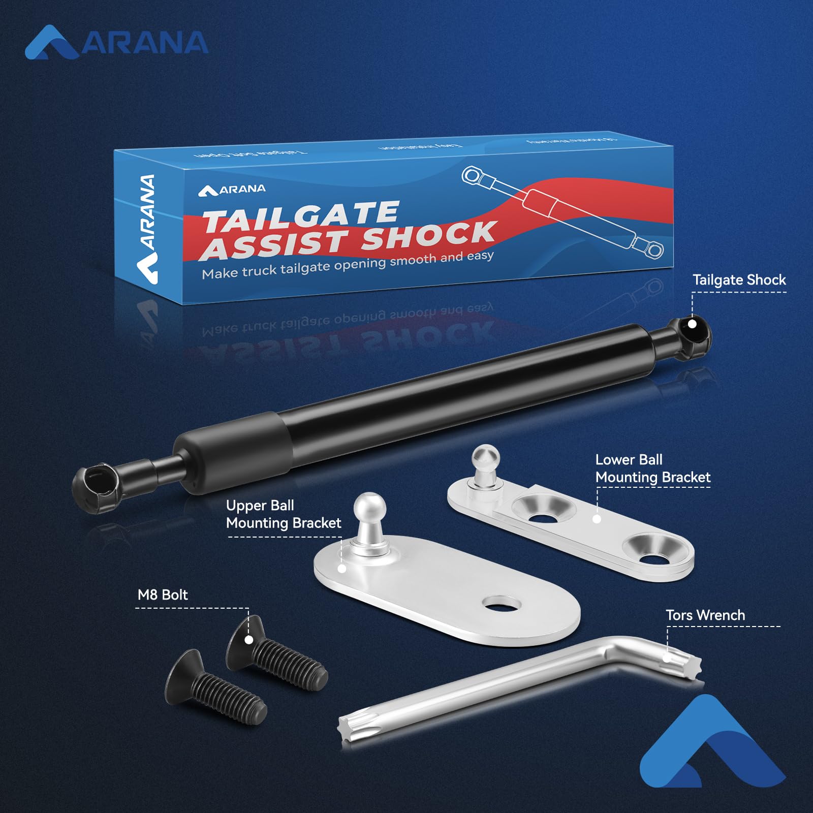 ARANA Tailgate Assist Shock for Ford Ranger 2019-2024, Carbon Steel, Black, Model 43206, Soft Open Tailgate Accessory