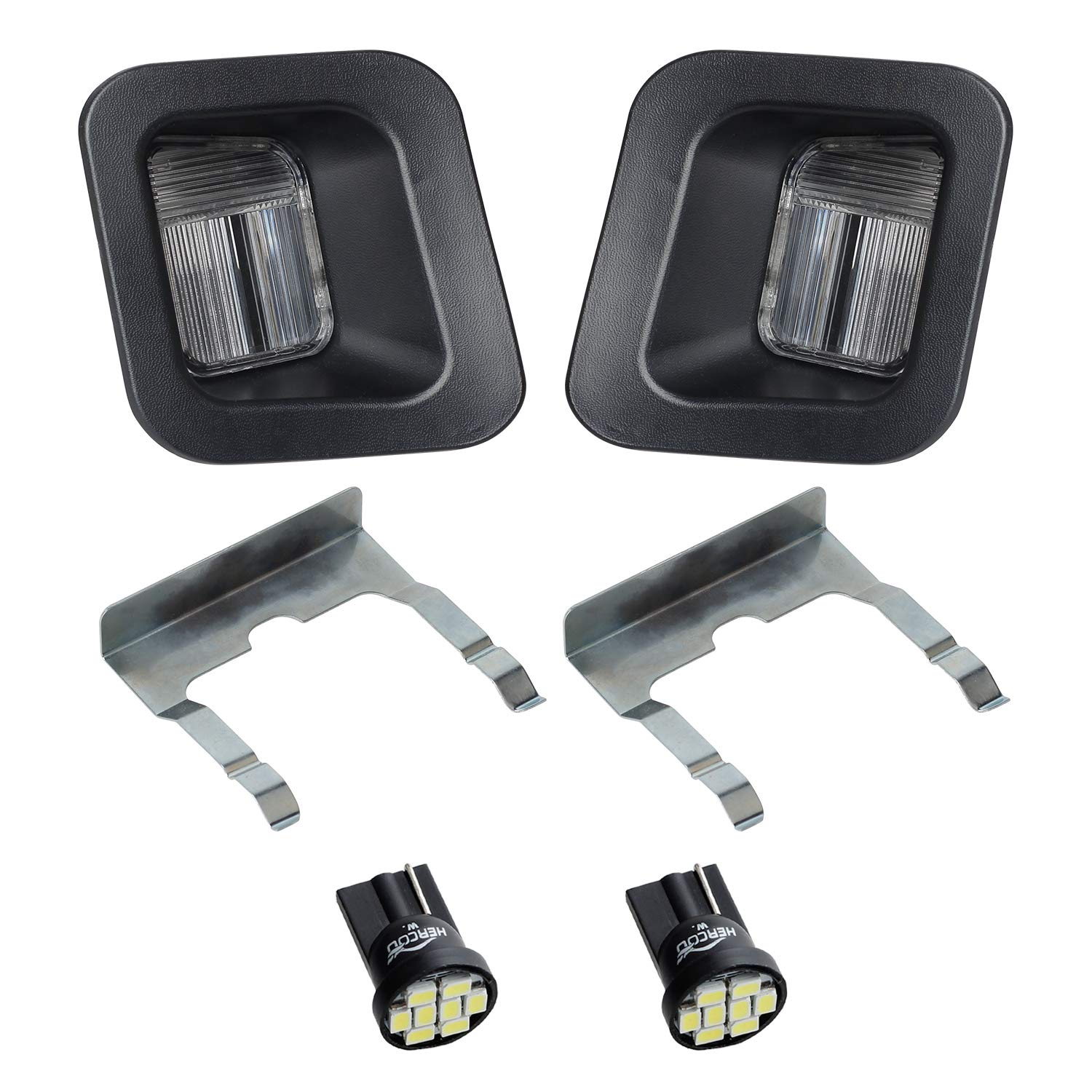 Hercoo Led License Plate Light Lamp Lens Black Housing White Bulbs Clip Retainer Compatible With 2003-2018 Dodge Ram 1500 2500 3500 Pickup Truck Rear Step Bumper Aftermarket Repalcement, Pack Of 2