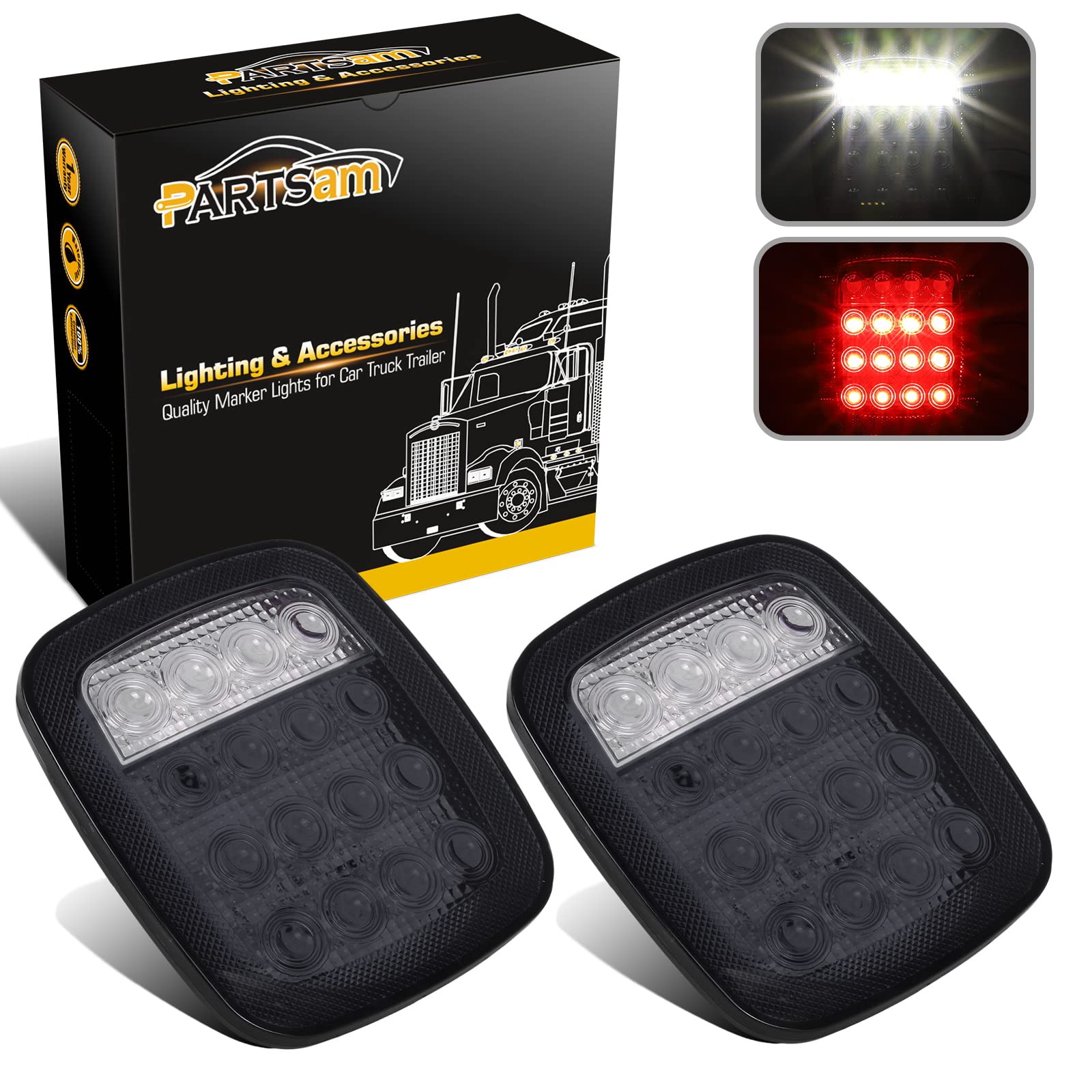 Partsam 2X Led Tail Lights 16Led Stop Brake Turn Reverse Tail Light Combination 12-5050 Red 4-5050 White Smoke Lens Compatible With Wrangler Yj Tj Cj Pick-Up Truck Trailer Rv