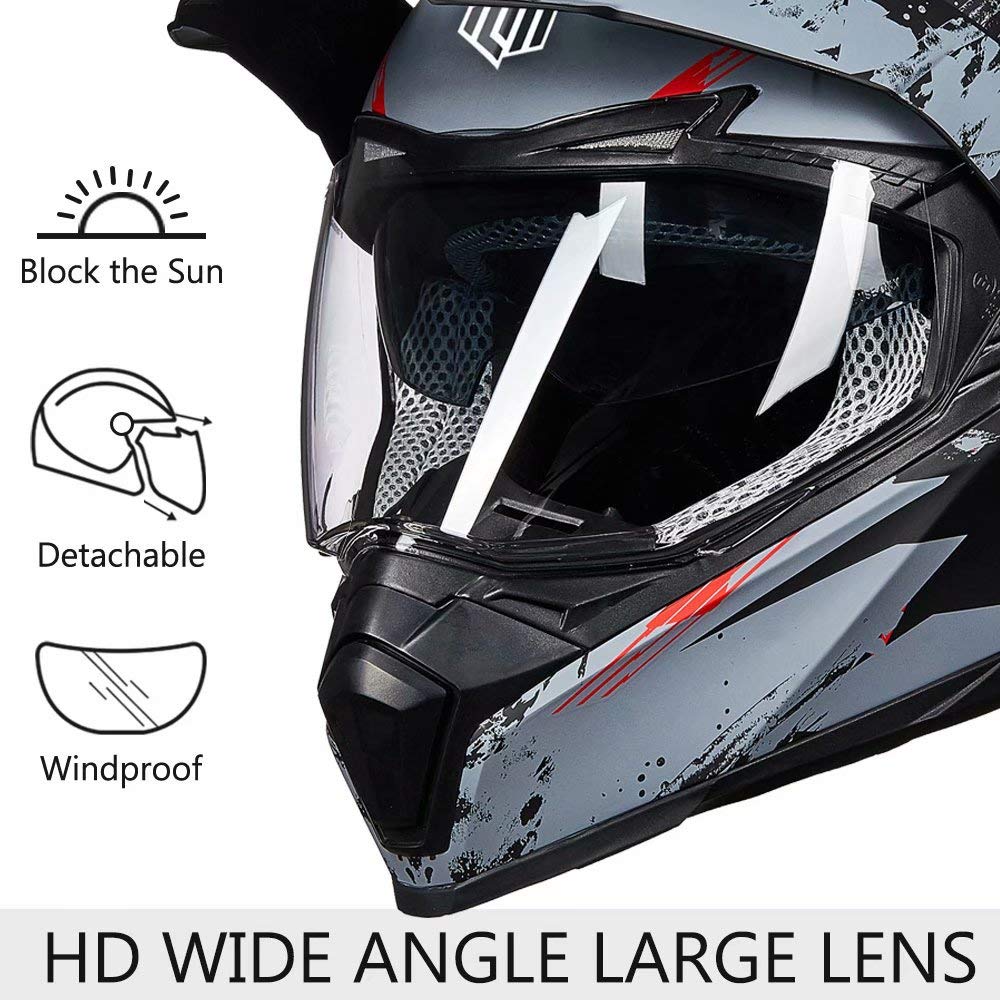 Ilm Off Road Motorcycle Dual Sport Helmet Full Face Sun Visor Dirt Bike Atv Motocross Casco Dot Certified Model 606V(Grey Red, L