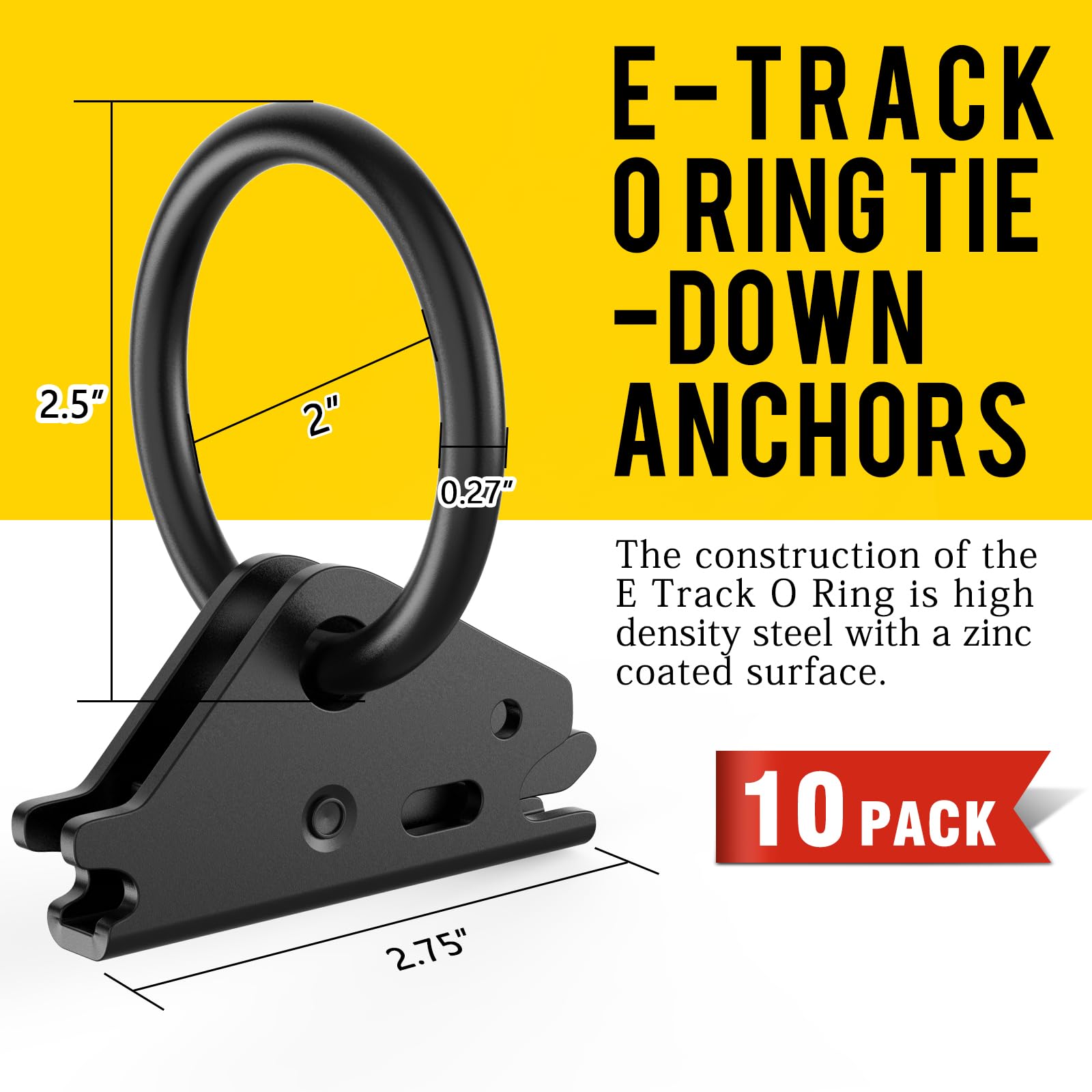 Eapele 10Pcs Steel E-Track O Ring Tie-Down Anchors, Secure Cargo In Enclosed/Flatbed Trailers, Trucks, Load Limit Of 1500Lb(Blac