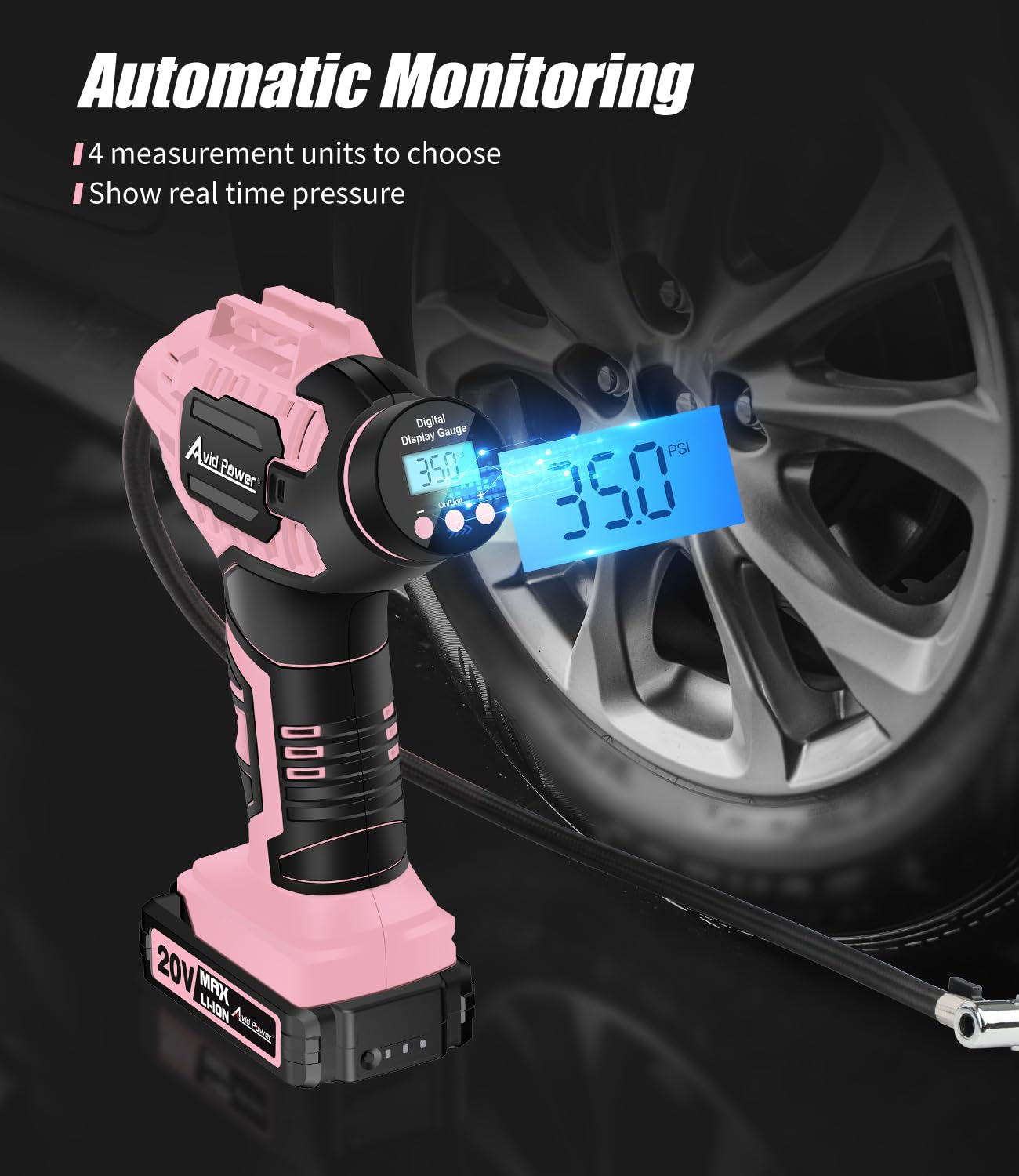 Avid Power 20V Cordless Tire Inflator Compressor with Rechargeable Battery, Digital Gauge, Portable, Pink, Model ACAP115D-P