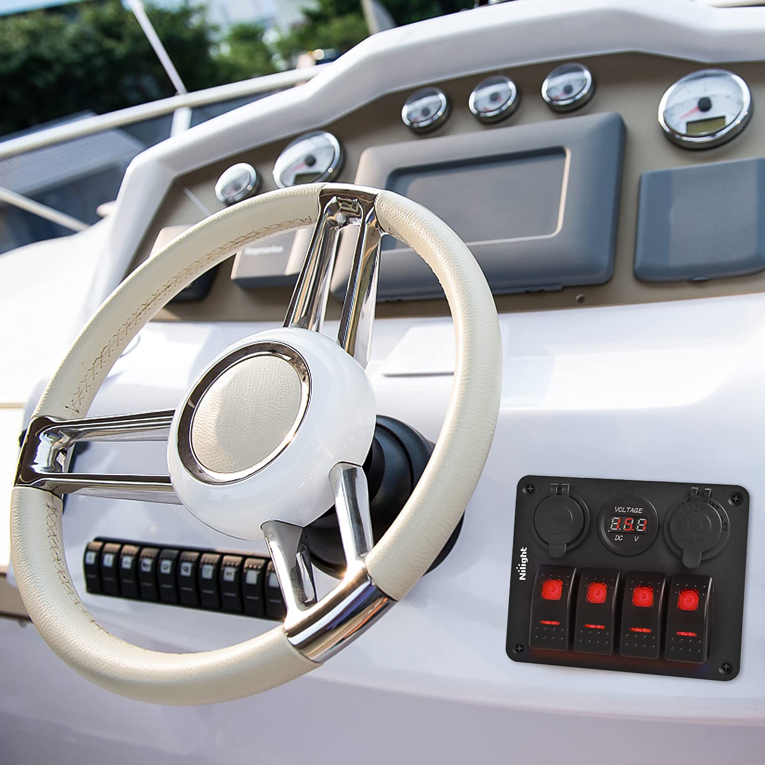 Nilight 4Gang Rocker Switch Panel with USB Charger Voltmeter and Cigar Lighter 12V 24V Toggle ON Off Red Night Glow Stickers for