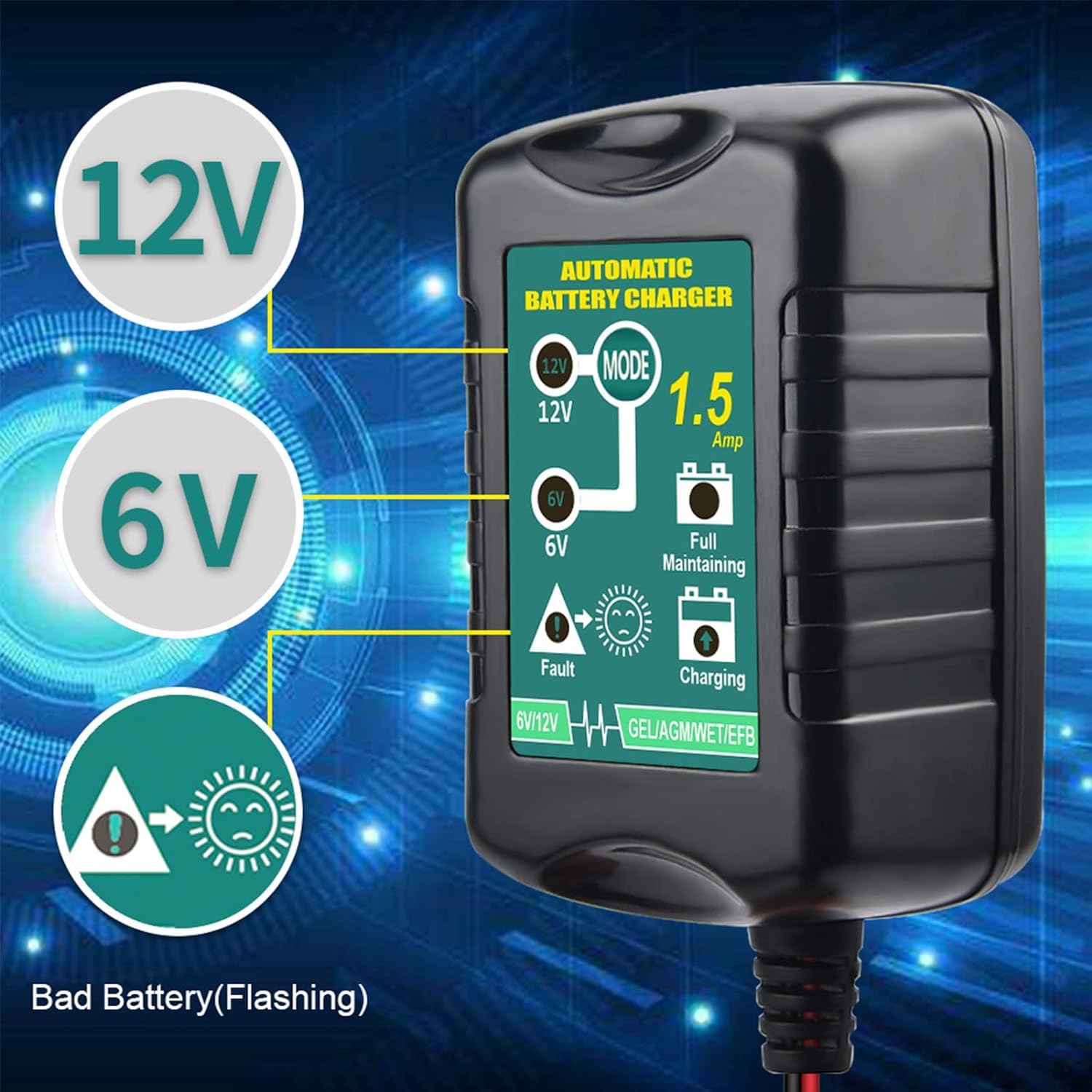 12V / 6V Battery Trickle Charger Maintainer, 1.5A Automatic Smart Float Charger Battery Tender Charger for Motorcycle Lawn Mower