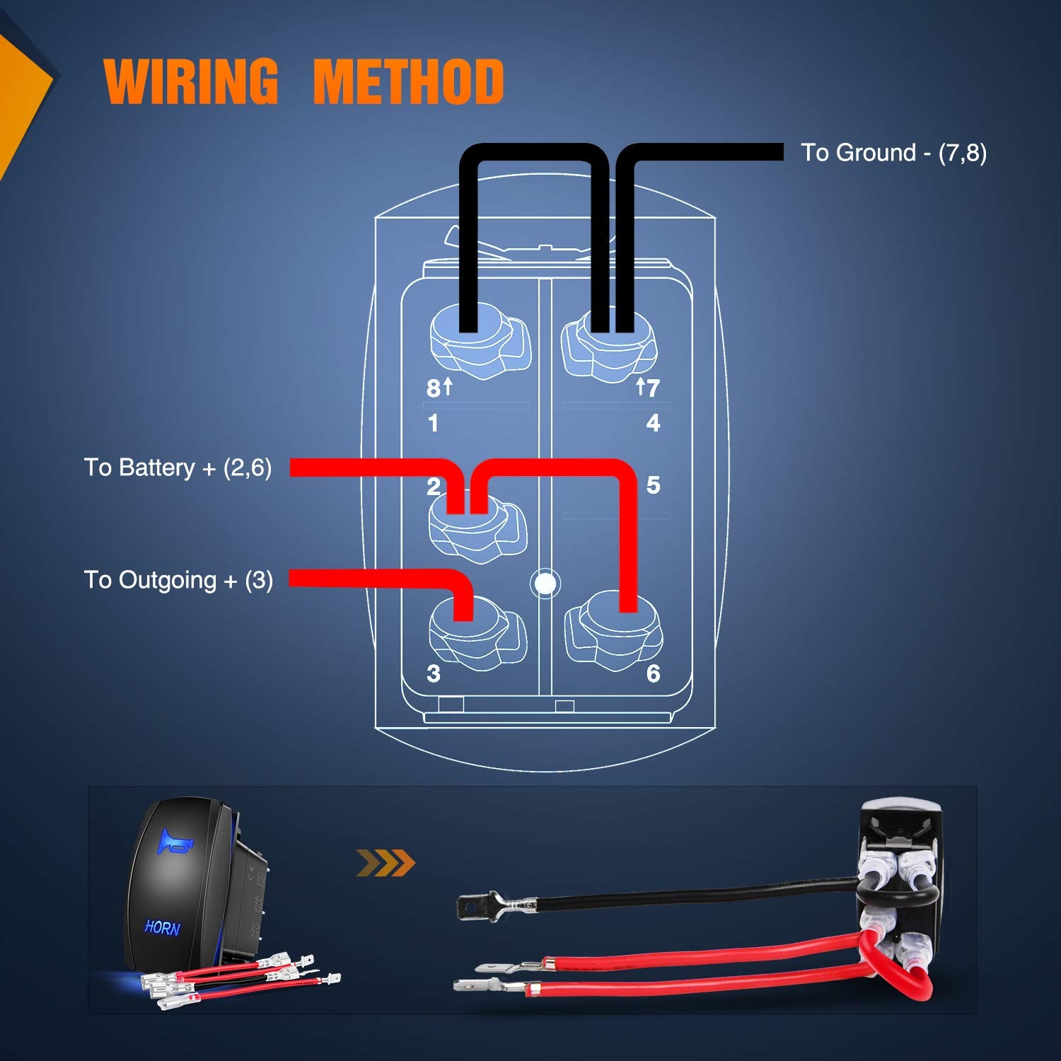 Nilight Horn Switch Momentary Laser Rocker Switch 5PIN On/Off LED Light 20A/12V 10A/24V Switch with Jumper Wires Set for Cars Je