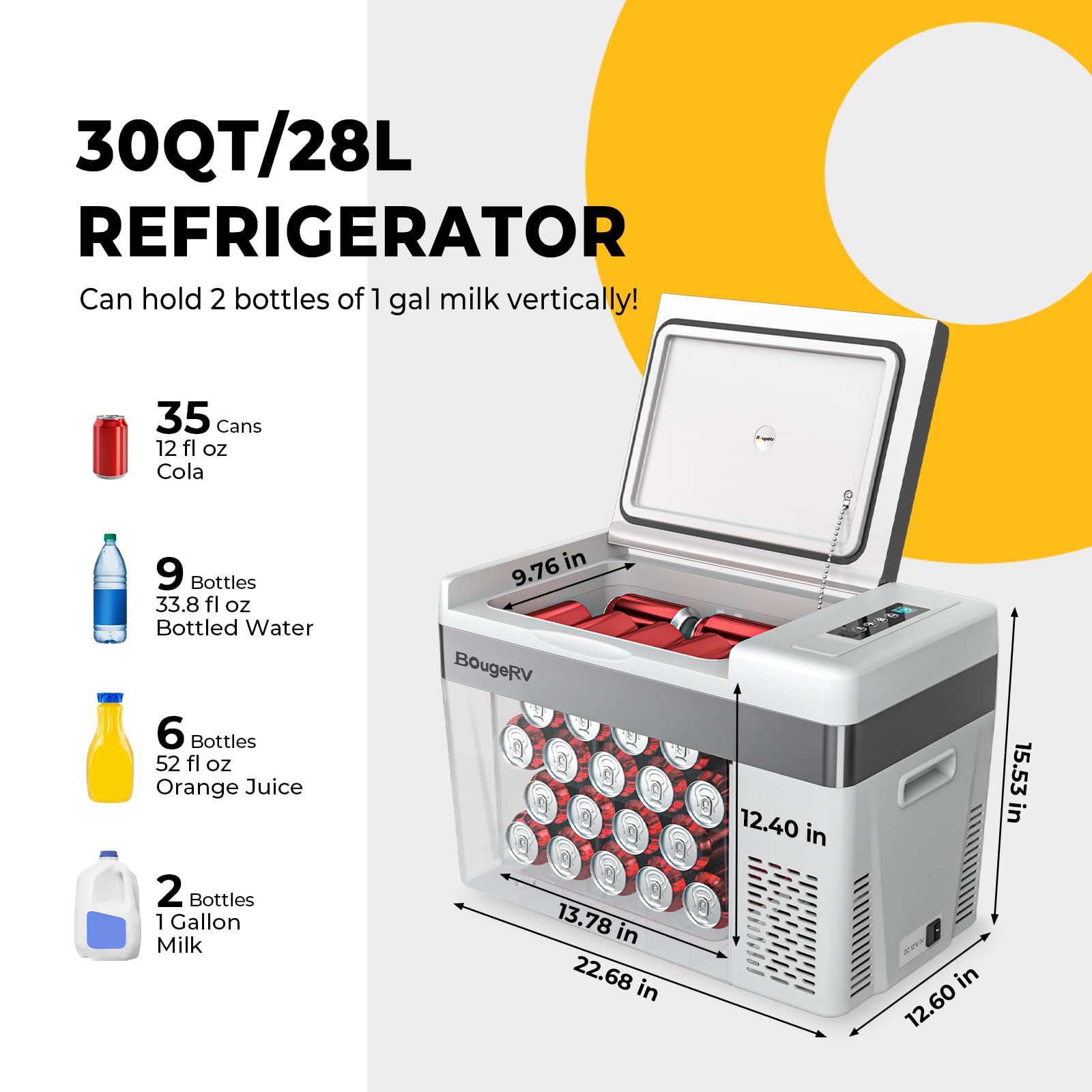 BougeRV 12V Car Refrigerator - 30 Quart Portable Freezer, -7℉~50℉, Grey, Model CR02-30Quart