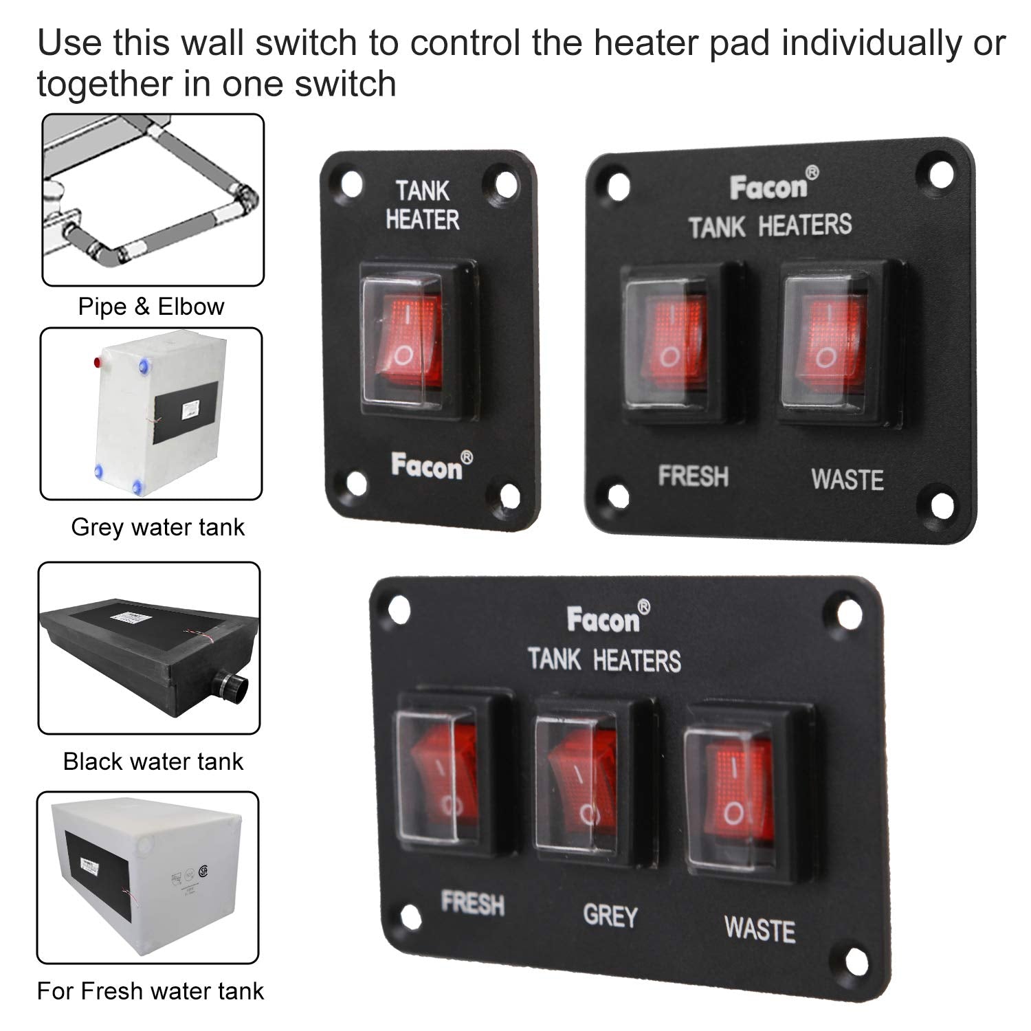 Facon 12Volts Switch Box Panel, 10Amps Rocket On&Off Switch With Red Indicator Light For Rv Tank System, Ip66 Waterproof Control