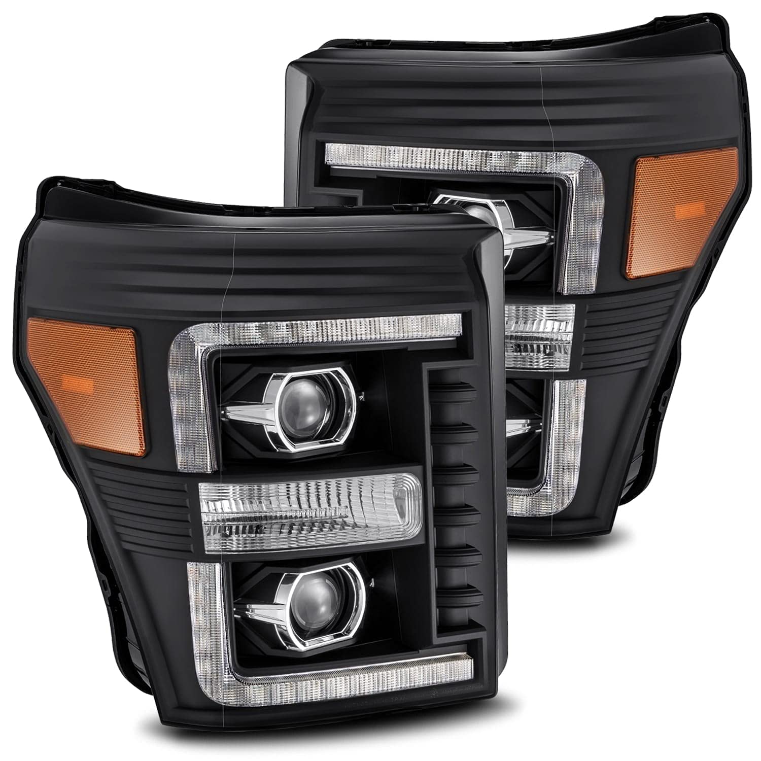 AlphaRex Polished Black For 11-16 F250/F350/F450/F550 DRL/Sequential Signal LED Tube Dual Super Duty 4th Gen Look Switchback Pro