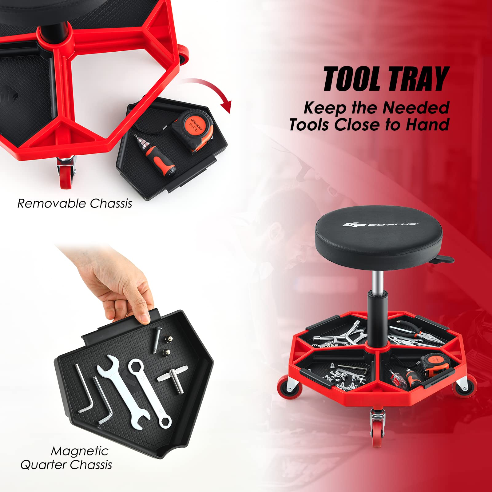 Goplus Mechanic Stool - Rolling Garage Chair, 330LBS Capacity, 16”-22” Adjustable Height, Red & Black, Removable Tool Tray, Model SU-10007-UA