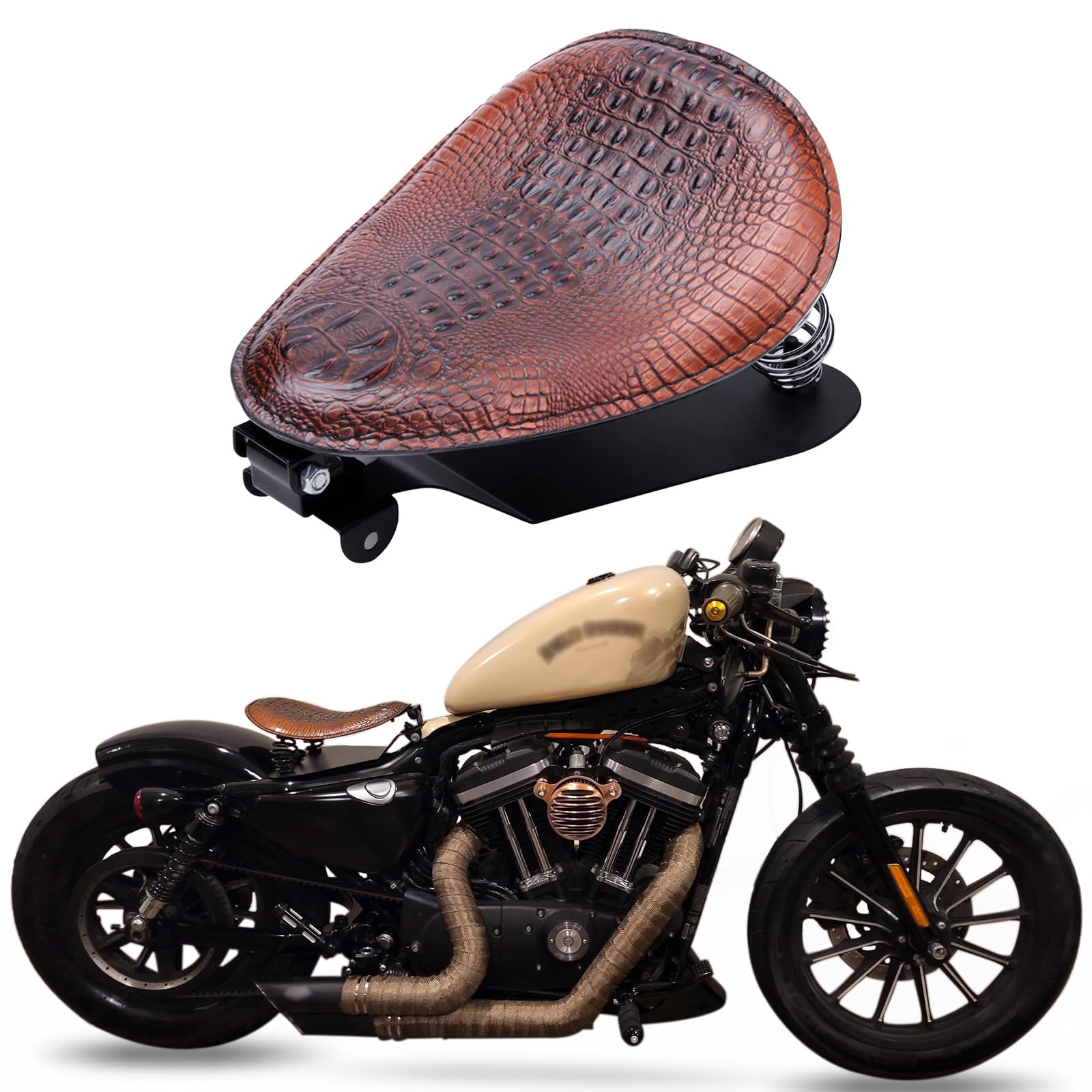 DREAMIZER Motorcycle Seat Cushion Driver Solo Seats with Spring Bracket PU Leather Compatible with Harley Honda Yamaha Kawasaki 