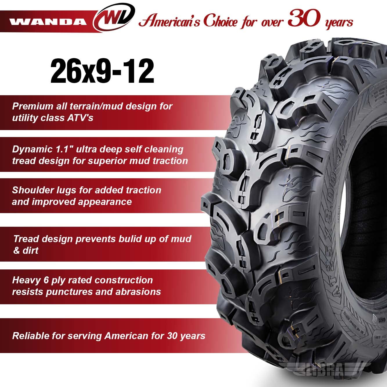 Wanda Set Of 4 Atv Utv Tires 26X9-12 26X9X12 6Pr Super Lug Mud