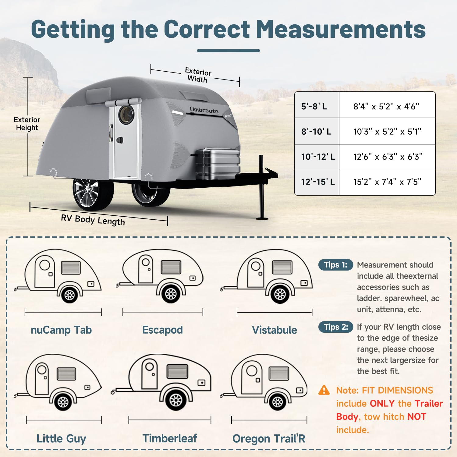 Umbrauto Teardrop Travel Trailer Cover - 7-Layer Waterproof, Fits 12-15FT, Heavy Duty, Windproof Strap for R-Pod & Clamshell Trailers