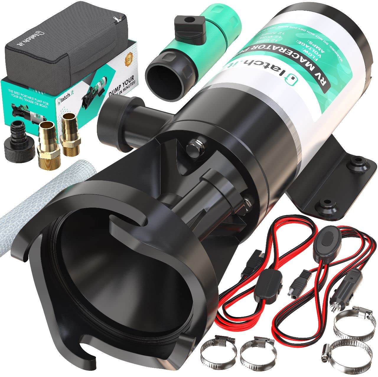Latch.It Rv Macerator Pump 12V | 12Gpm Macerator Pump For Rv V2.0 | Rv Waste Pump Macerator W/Quick-Release Fittings, Hoses & Cl