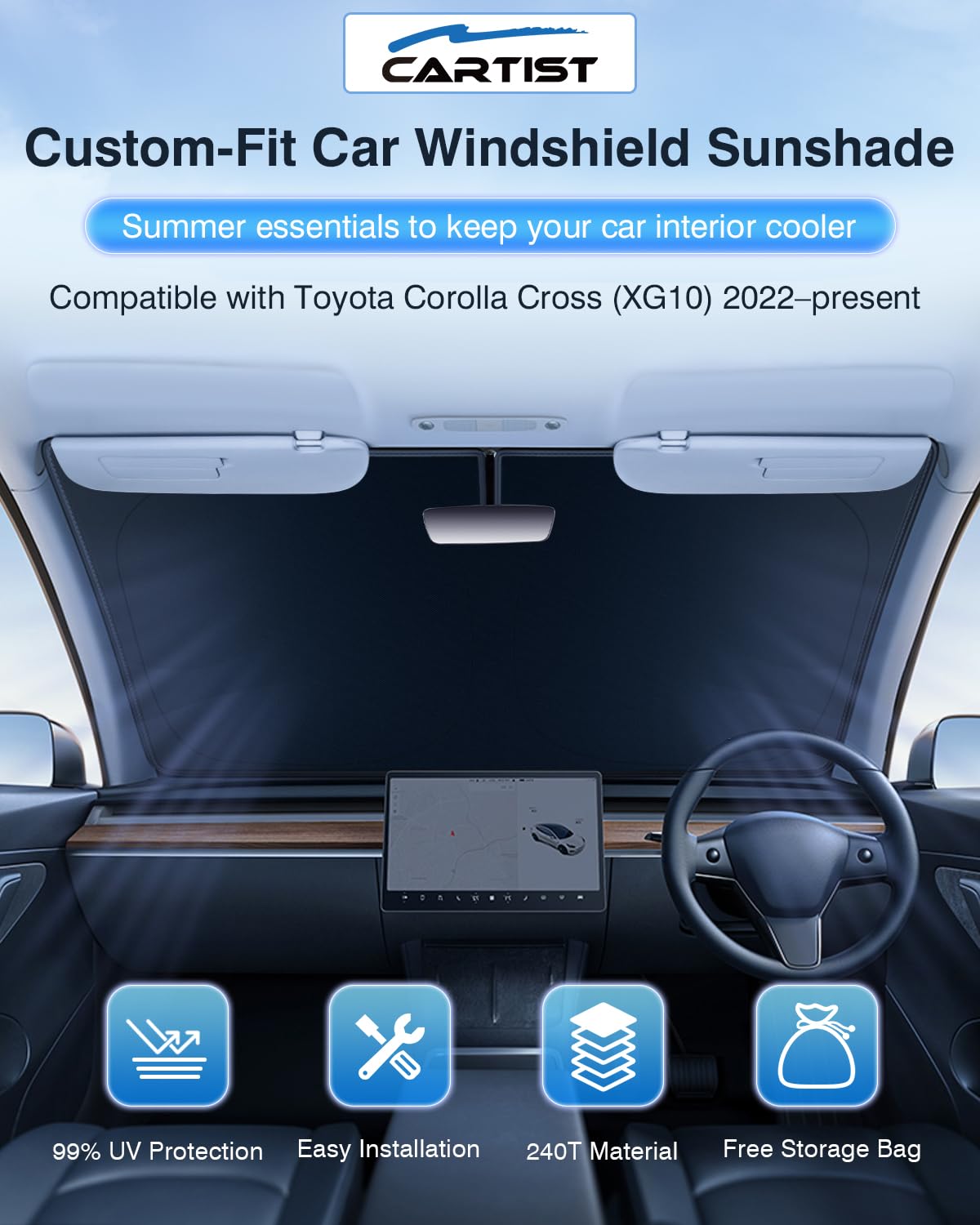 5-Layer Cartist Windshield Sun Shade Custom Fit For Toyota Corolla Cross 2022 2023 2024 2025 (Not For Corolla) Accessories Folda