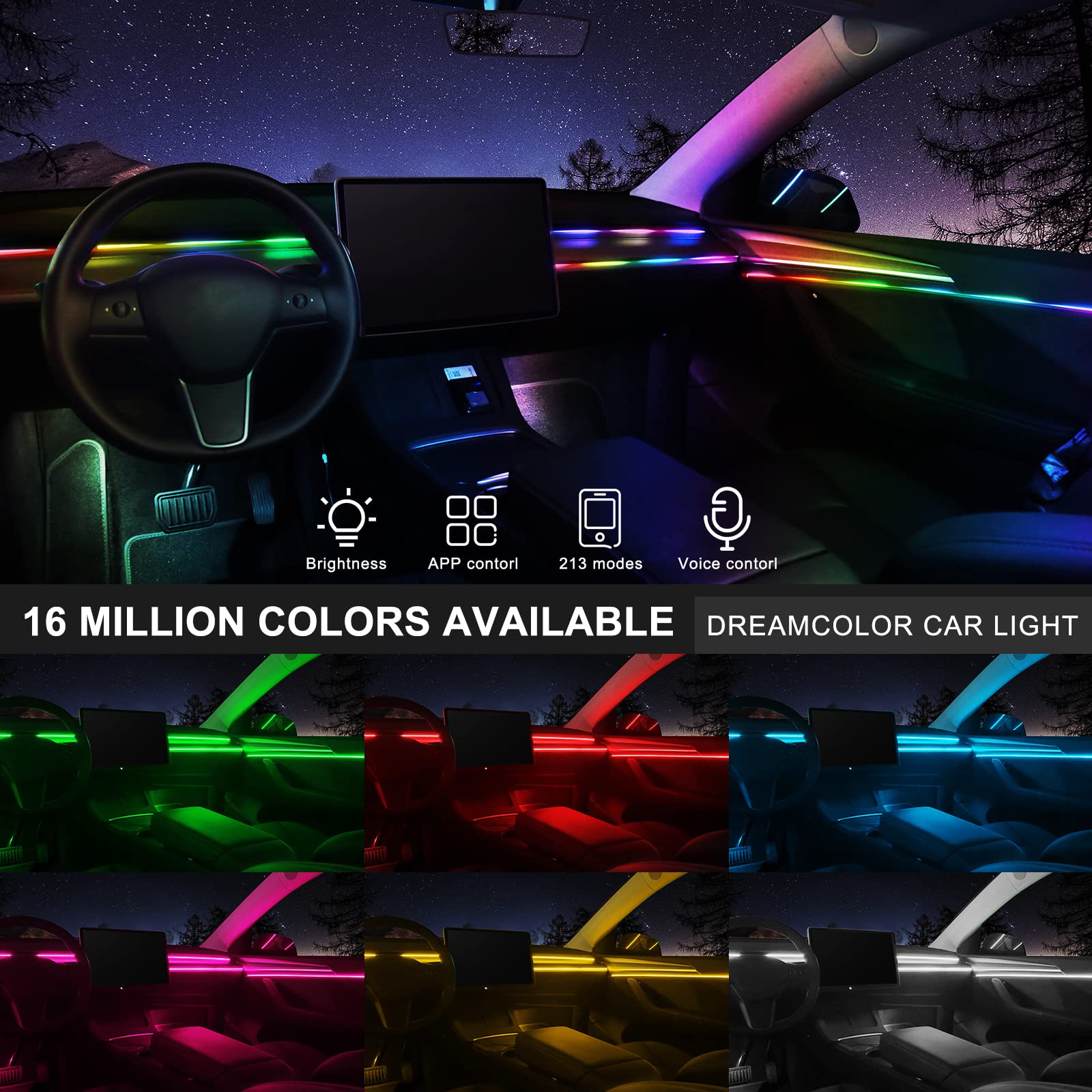 Acrylic Interior Car Led Strip Light With Wireless App, Rgb 10 In 1 With 175 Inches 593 Leds Fiber Optic Ambient Lighting Kits,