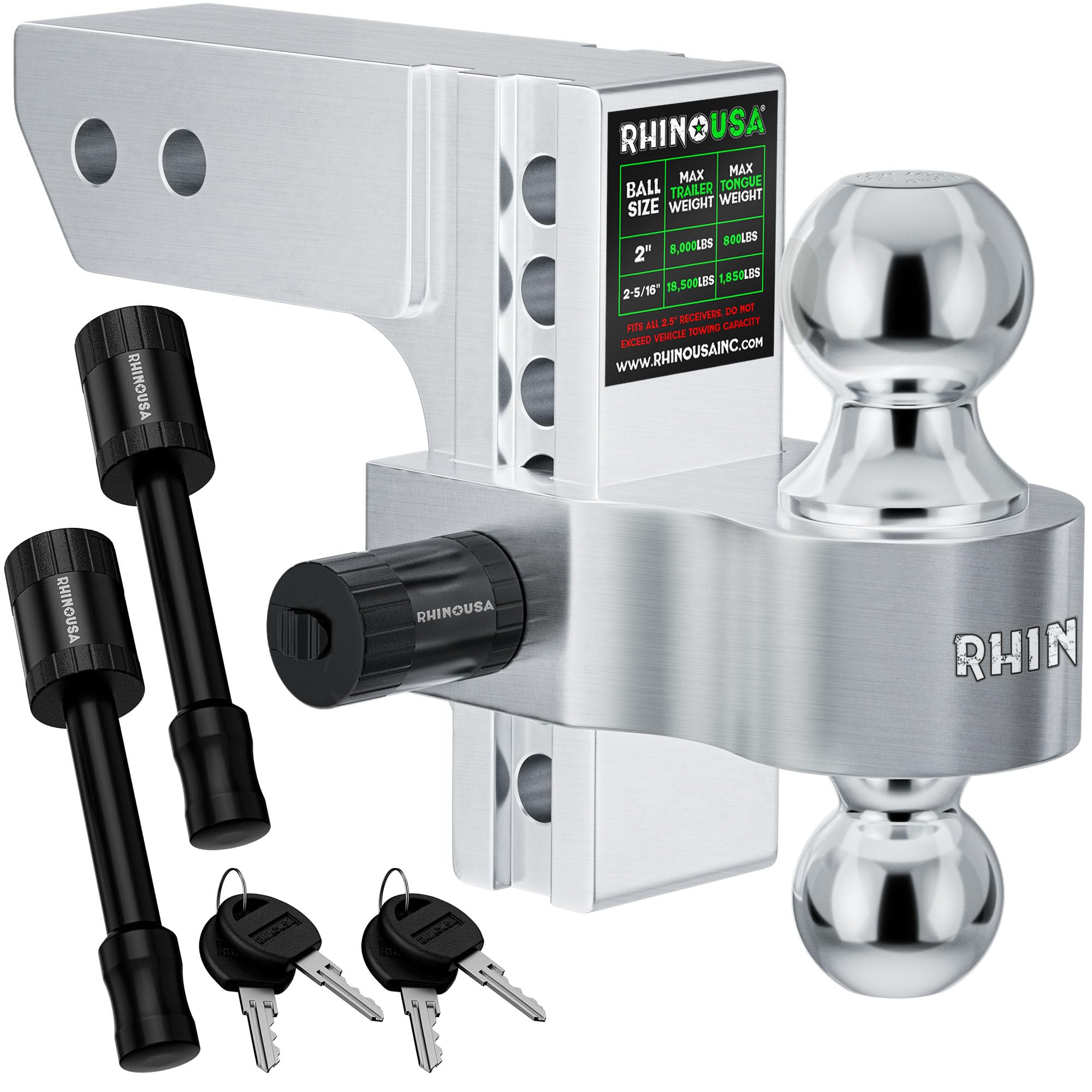 Rhino Usa Adjustable Trailer Hitch (2.5-Inch Receiver) - Heavy Duty Aluminum Tow Hitches With 6-Inch Drop/Rise For Truck (18,500