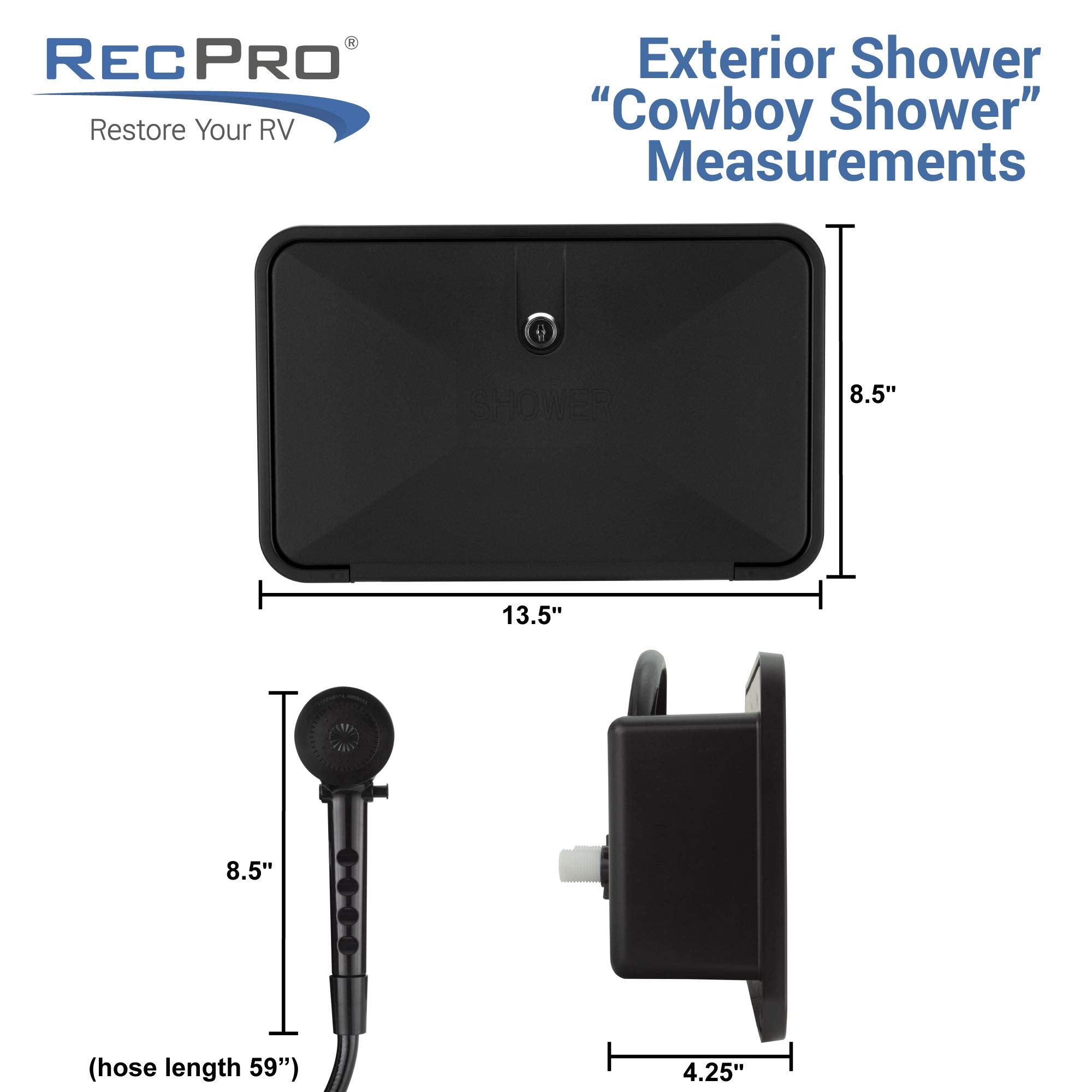 RecPro RV Exterior Shower Box Kit - Black Vinyl Faucet & Hose for Campers, Model 1308B