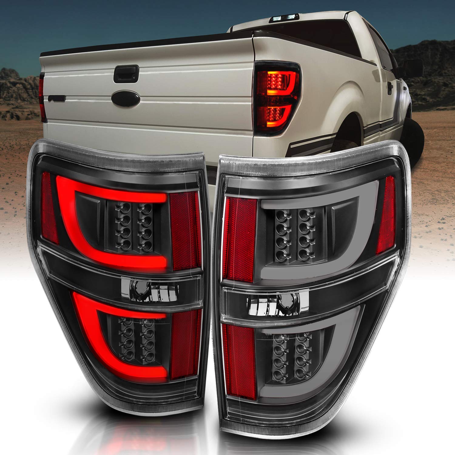 AmeriLite LED Light Bar Replacement Tail Lights Set for 09-14 Ford F-150, Driver & Passenger Side, Black Vehicle Light Assembly